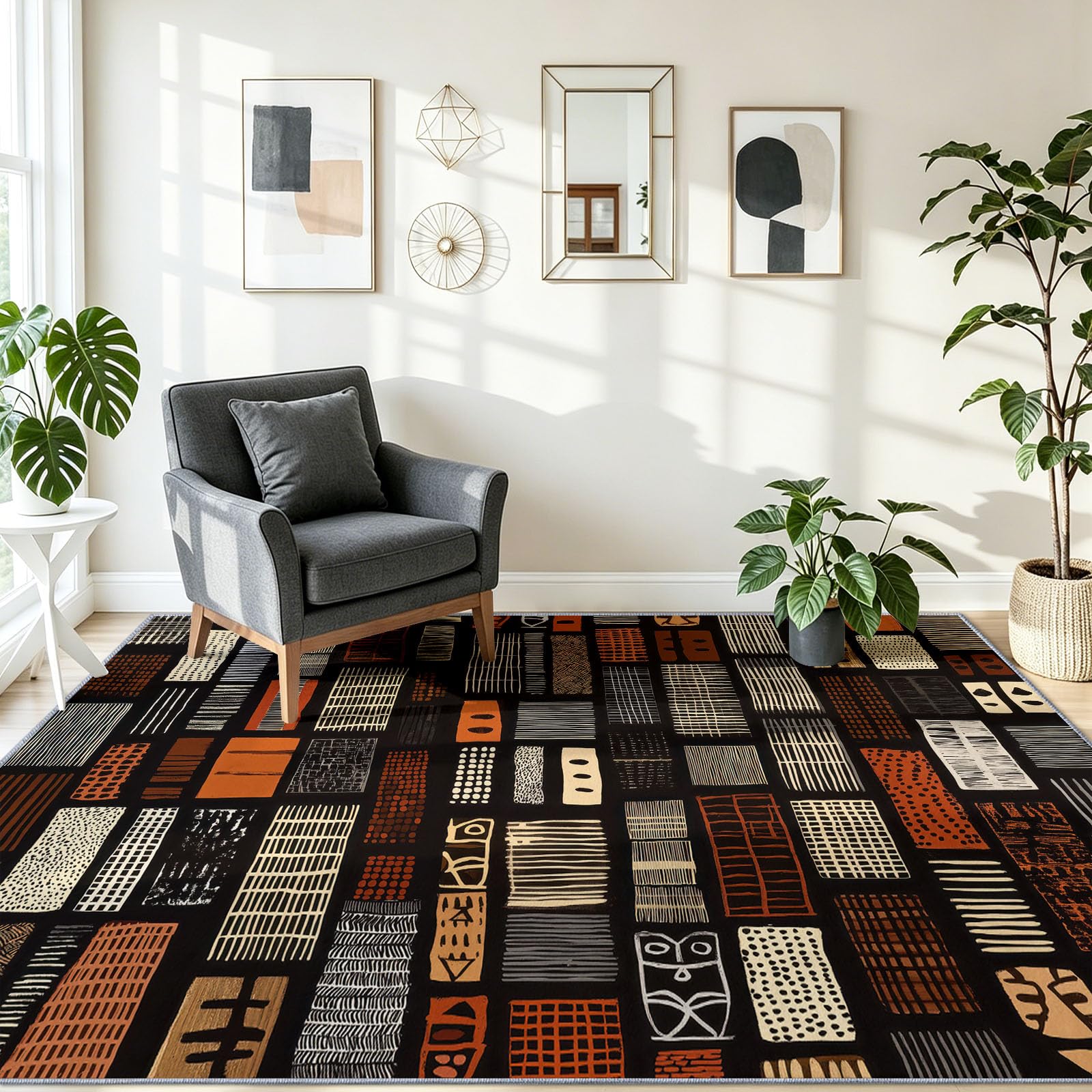 Grande tappeto etnico africano per soggiorno, 160 x 230 cm, lavabile, antiscivolo, a pelo corto, tribale, geometrico, patchwork, quadrato, leggero, resistente, per soggiorno, camera da letto, ufficio