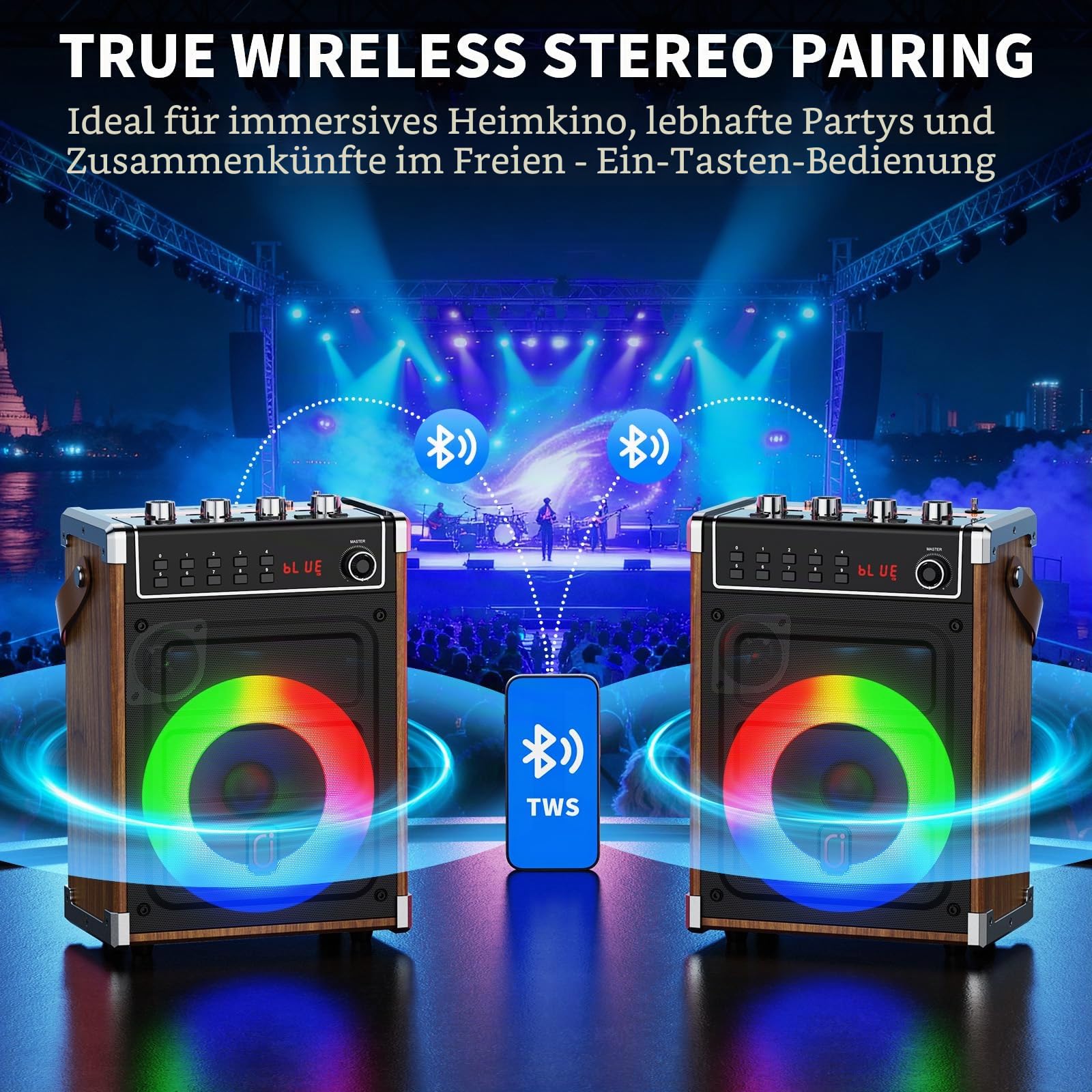 JYX Karaoke Maschine mit 2 UHF-Funkmikrofonen, Bluetooth-Lautsprecher, PA-System, TWS, AUX, FM, LED-Licht