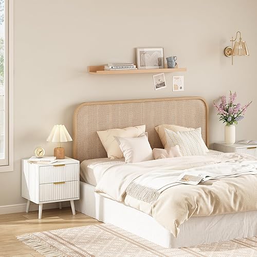 Miniatura 6 de CARPETNAL Mesita de noche acanalada, mesita de noche blanca con 2 cajones y asas doradas, mesa auxiliar de madera de mediados de siglo para