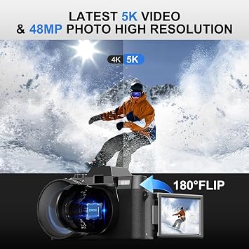 5K 64MP Digital Camera, Cameras for Photography, Vlogging Camera for Youtube, WiFi & App Control and Wide-Angle & Macro Lens, Perfect for Entry-Level Users and Beginners(64GB TF Card) (Black)