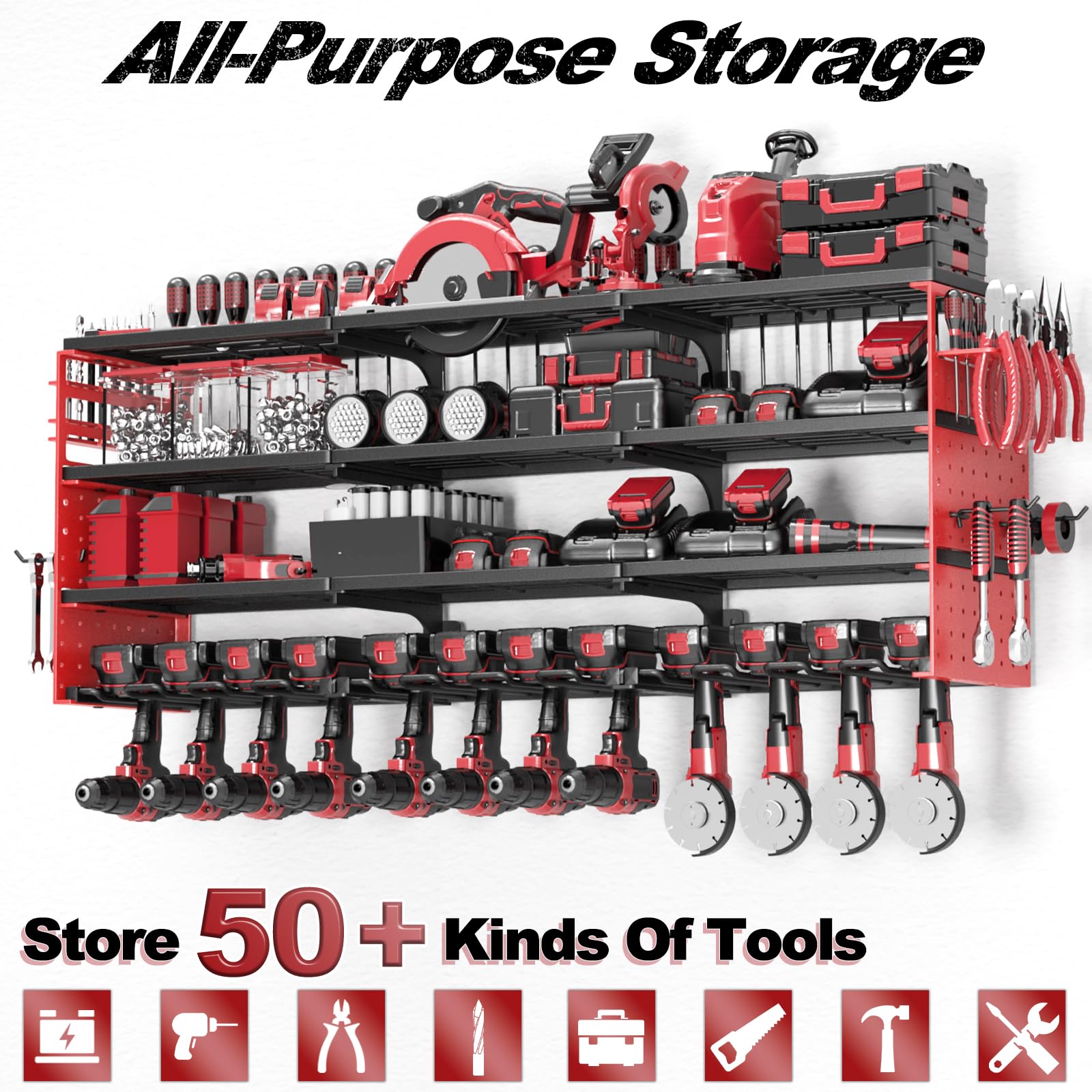 Rangement pour outils électriques,porte-outils pour 4 perceuse électrique,en métal lourd, avec support de tournevis latéral pour garage atelier,12 Porte-forets