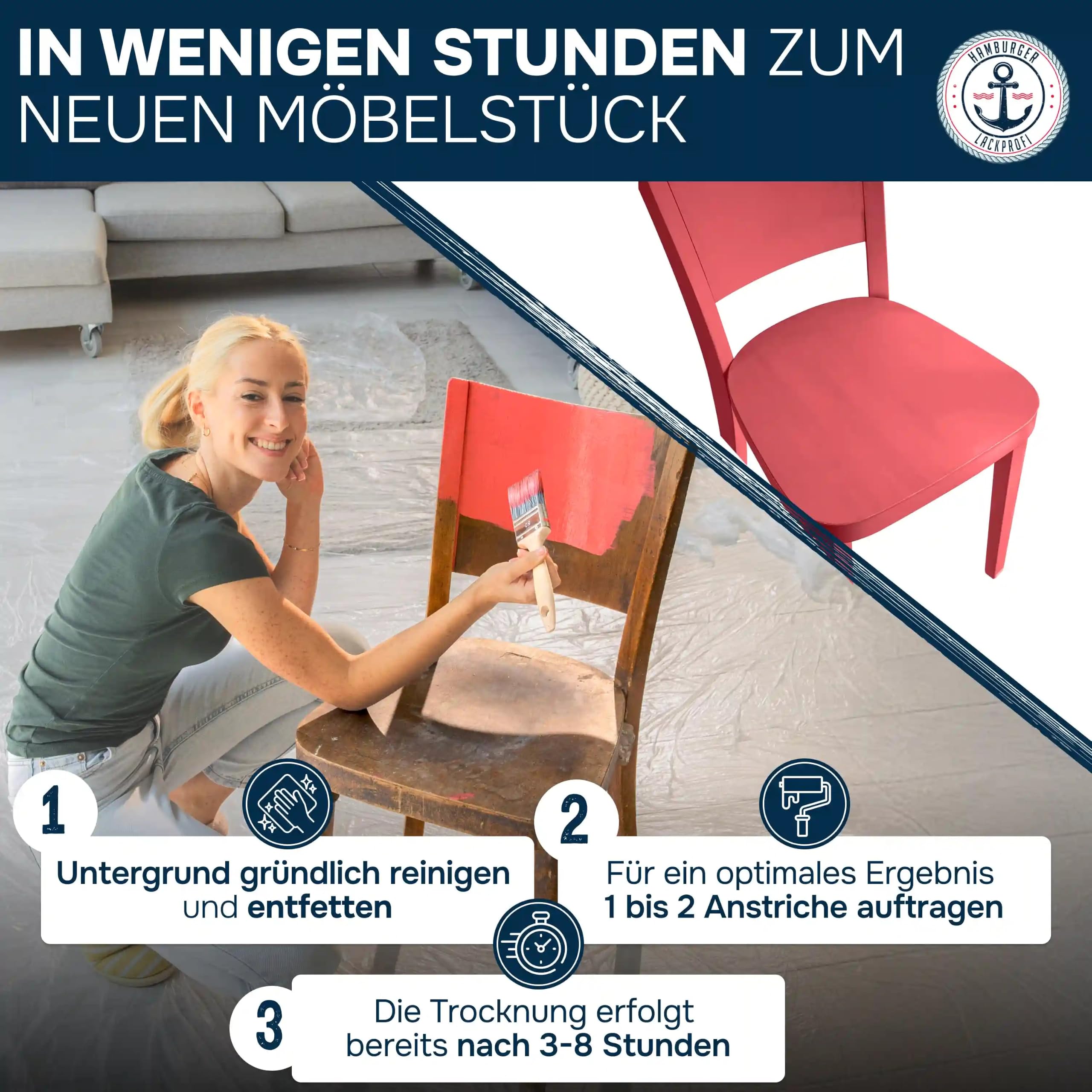 Hamburger Lack-Profi Möbelfarbe ohne Schleifen Glanzauswahl Möbellack Holz Metall Innen Außen Set 2,5 L