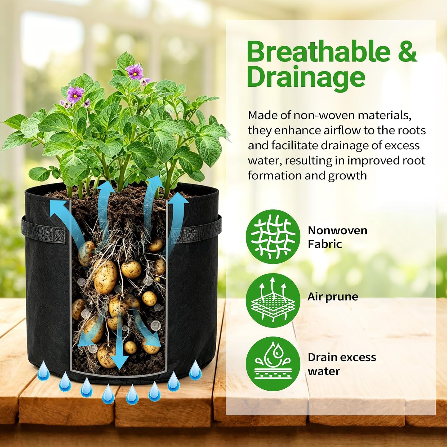 6 Pack Potato Grow Bags (15/10/5 Gallon, 2 of Each) with Harvest Window, Garden Planting Bag with Reinforced Handles, Thickened Nonwoven Fabric Pots for Tomato, Vegetables & Fruits