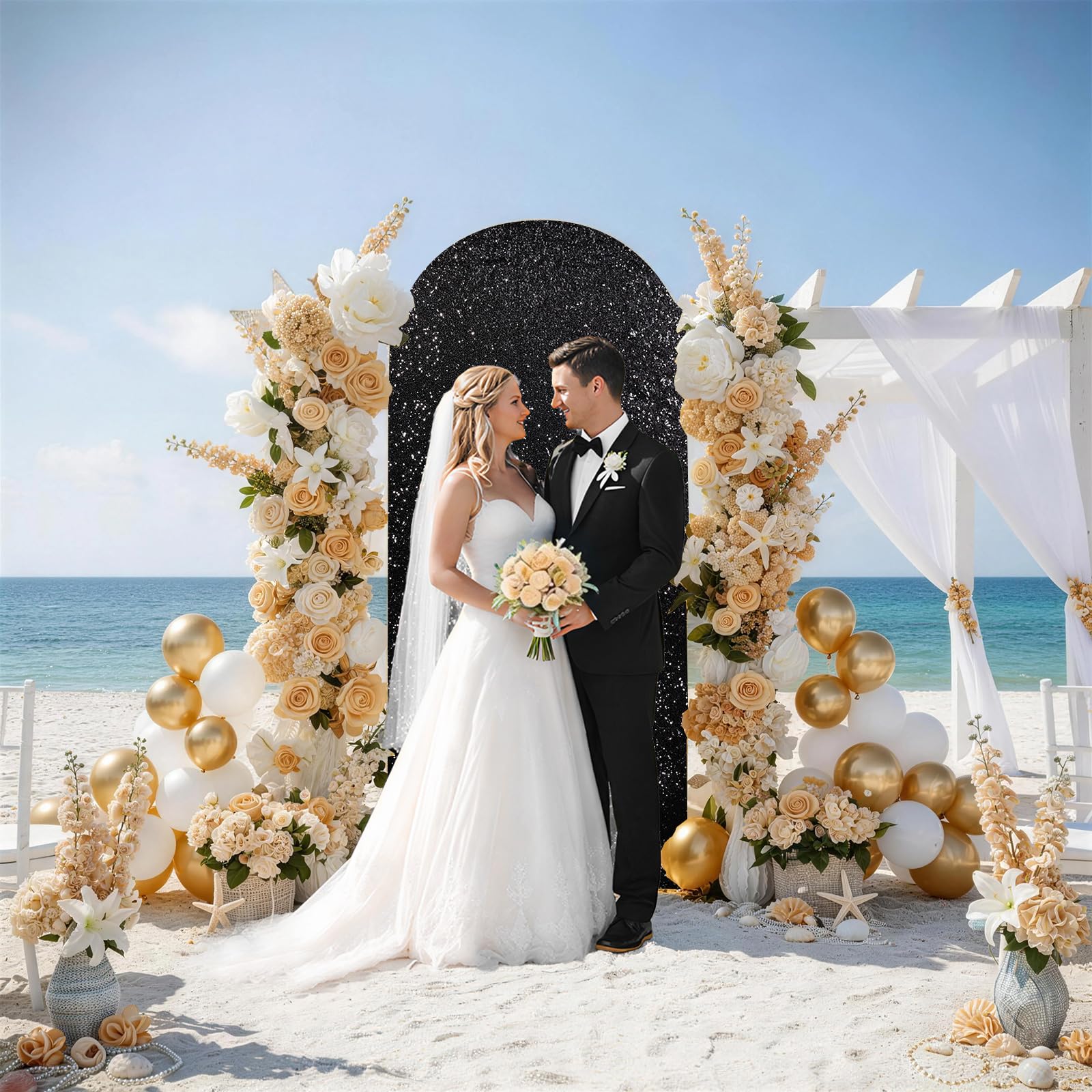 Copertura per sfondo ad arco con paillettes nere da 2,7 m, in tessuto scintillante, per feste, matrimoni, decorazioni fotografiche