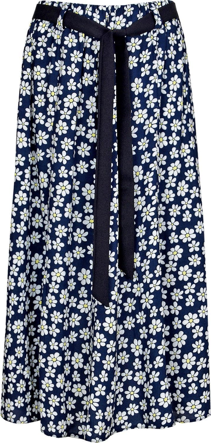 KK Fashion Lines Womens Summer Floral Print Skirt, Viscose Fabric, Elasticated Waist with Waist Tie Belt, 35 Inch Length, 8 Panels