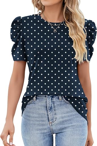 Ivicoer Puff Short Sleeve Shirt for Women Eyelet Tops Summer Crewneck Blouse Loose Fit S-XXL