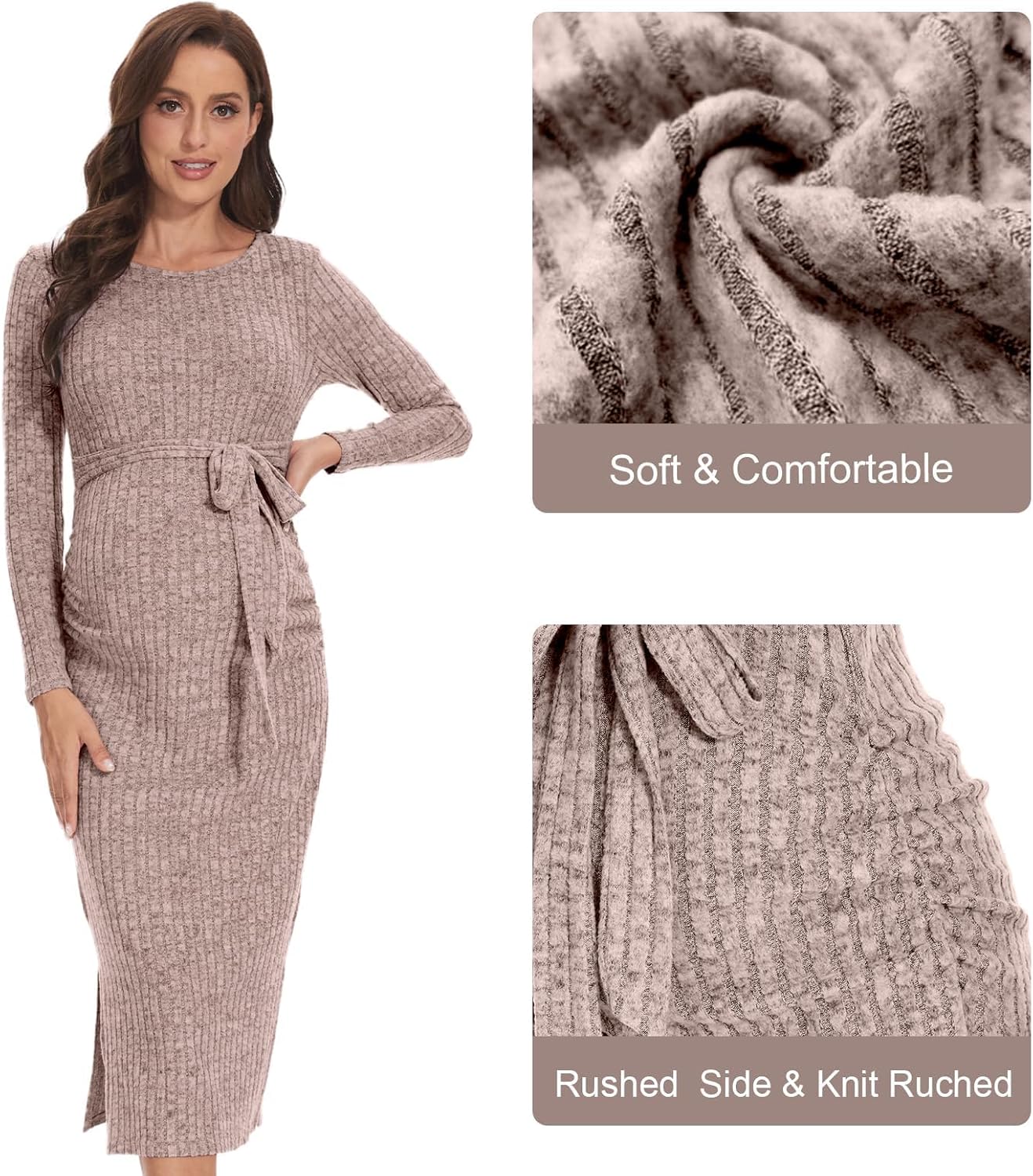 Crewneck Maternity Sweater Dress Rib Knit Long Sleeve Slit Pregnancy Dress Clothes with Belt - Image 5