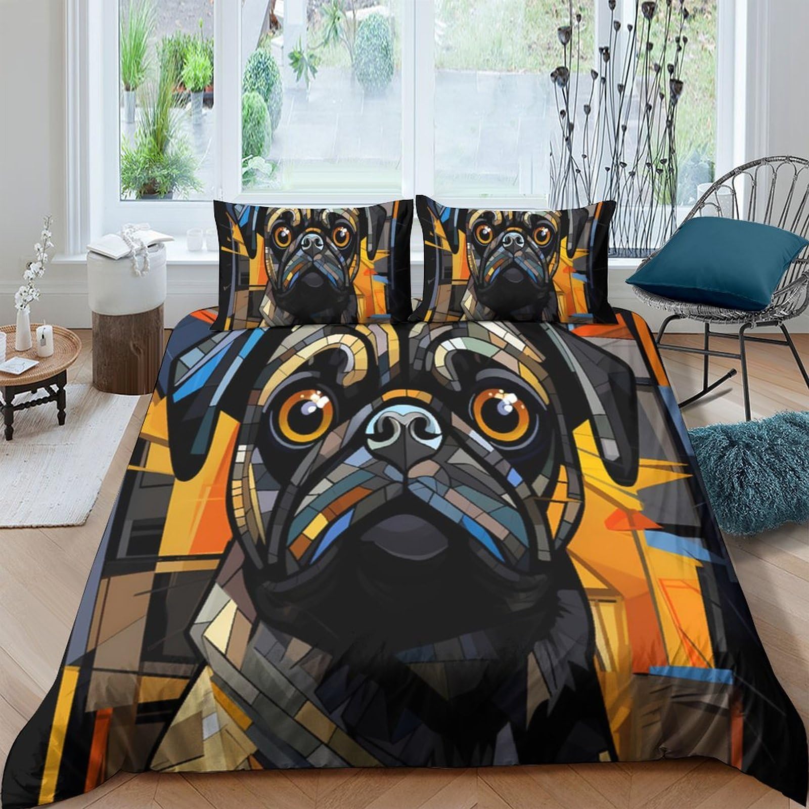 GPLZQXKJNH 3D Printed Abstract Pug Duvet Cover Microfiber Soft Breathable Geometric Dog Quilt Cover Set with 2 Pillowcases for Bedroom Home Decor Single（135x200cm）
