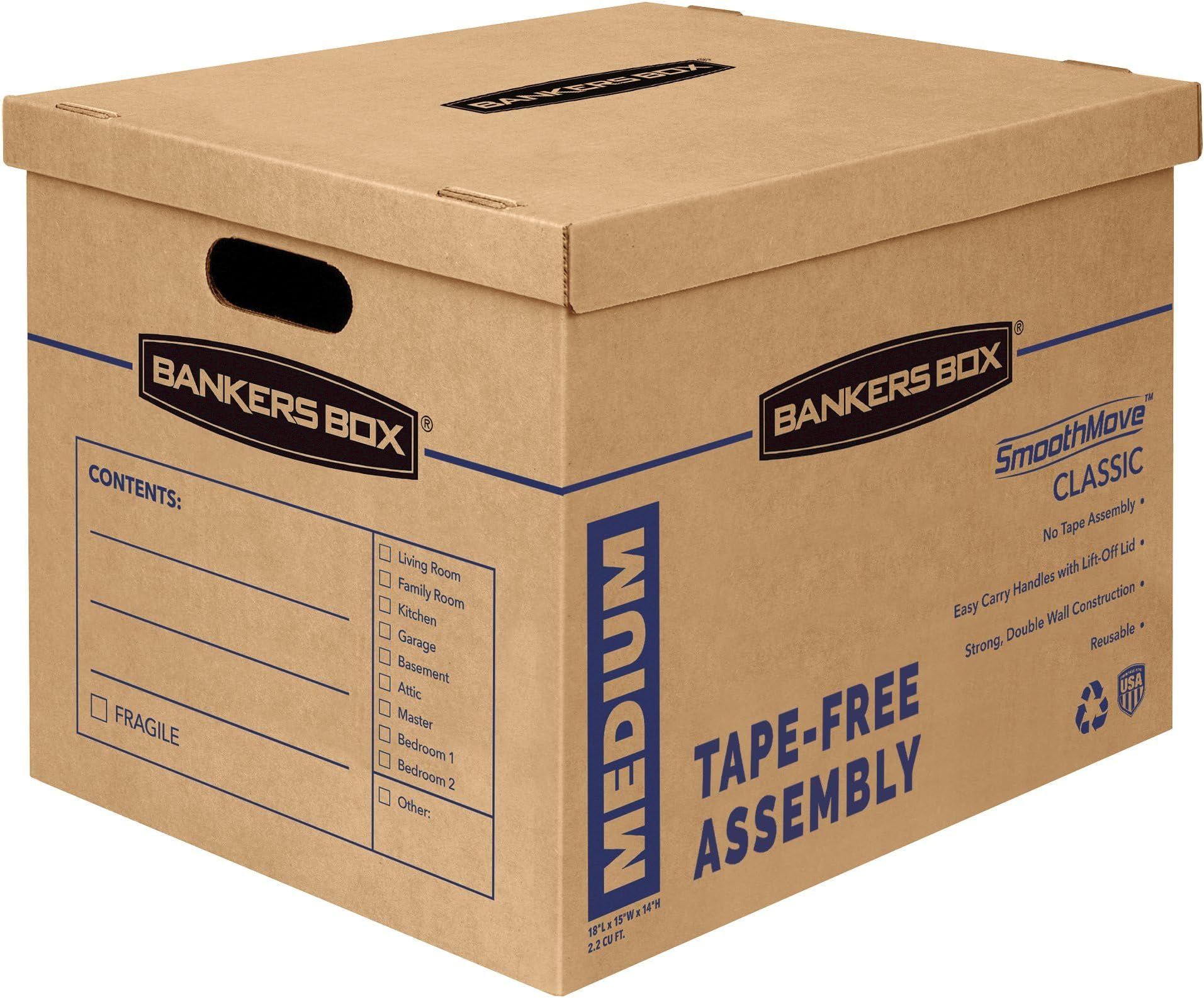 Bankers Box Medium Classic Moving Box 8 Pack, Reinforced Handles, Tape-Free Assembly, Box with Lid, 19-in x 14.5-in x 15.5-in (7717201)