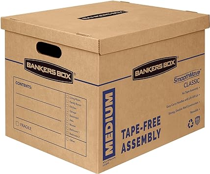 Bankers Box Medium Classic Moving Box 8 Pack, Reinforced Handles, Tape-Free Assembly, Box with Lid, 19-in x 14.5-in x 15.5-in 7717201