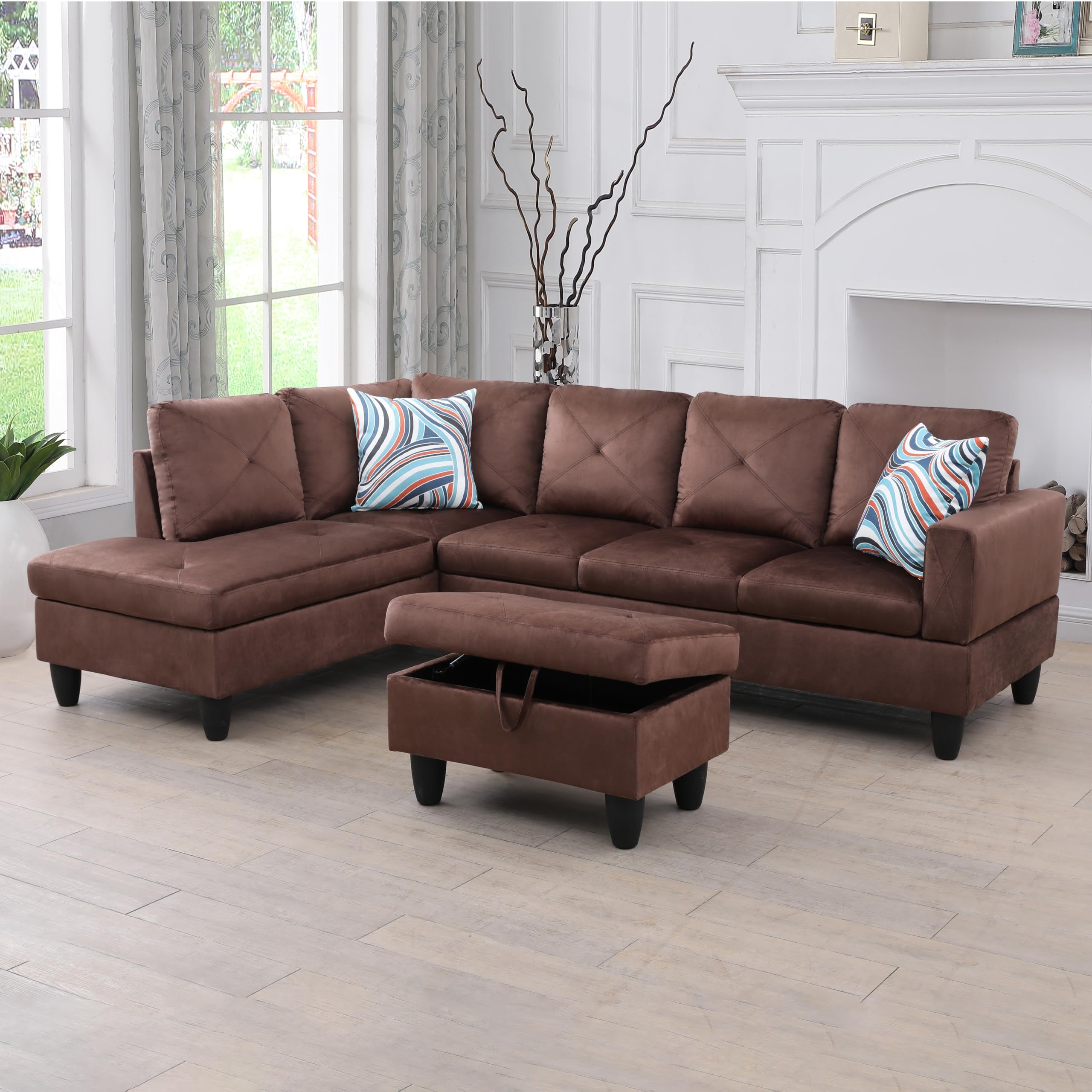 Photo 1 of *** WHITE COLOR AND BOX C ONLY ***LOPOO 3-Piece L Shaped Sectional Couches with 66.5'' Chaise Lounge & Storage Ottoman, 97.5'' Microfiber Modular Living Room Sofas for Home Office Apartment, Large Living Furniture Left (Brown)