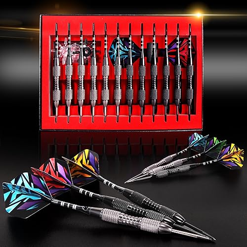 Miniatura 35 de ADKX - Juego de 12 dardos de punta de acero con barril de hierro antideslizante, ejes de dardos de aluminio y vuelos + sacapuntas de dardos + una