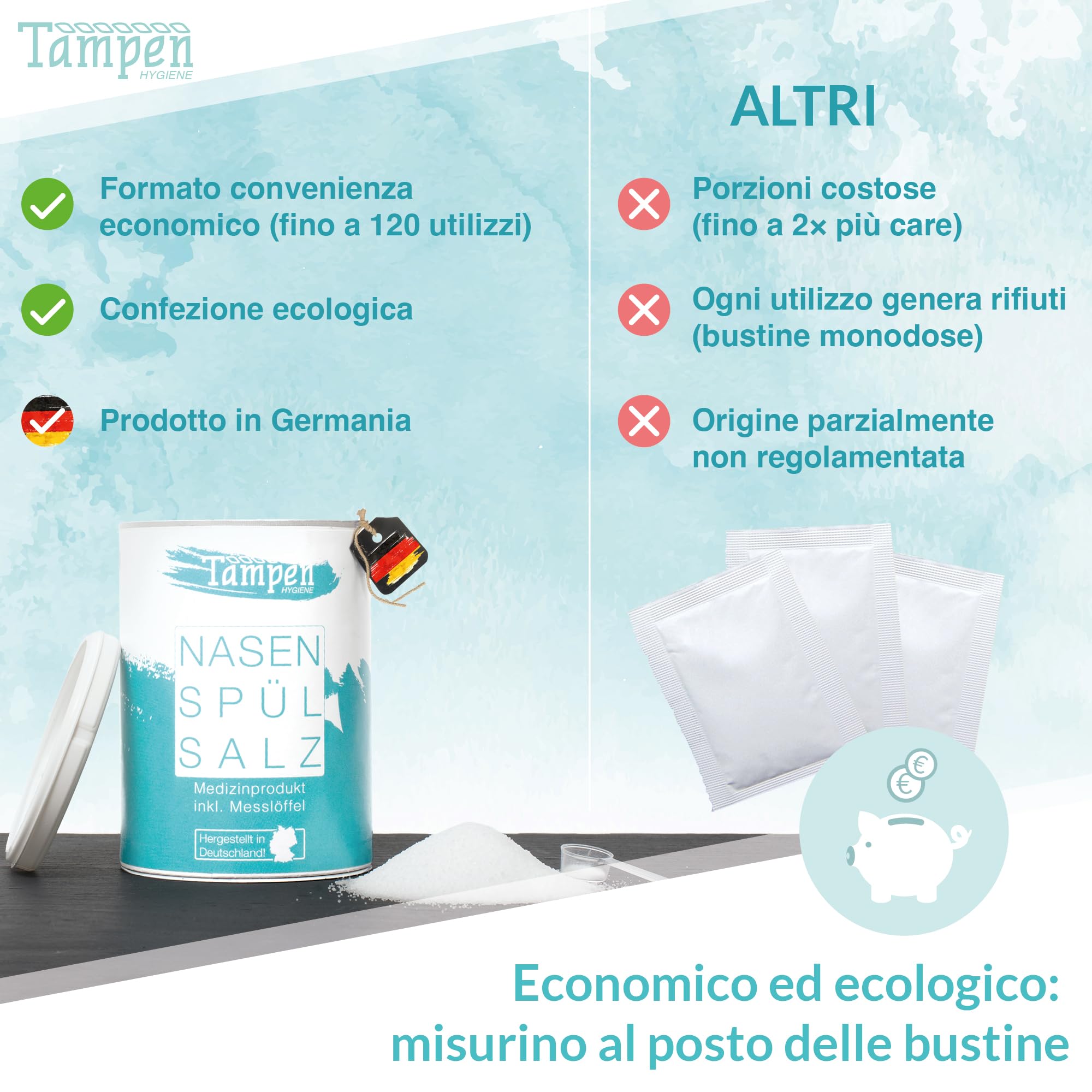 Tampen Doccia Nasale con 120 x Sale (300g) e 1x Misurino Dosatore (1g) ∙ Lavaggio Nasale Adulti e Bambini ∙ Vasetto da Pulizia Nasale Premium