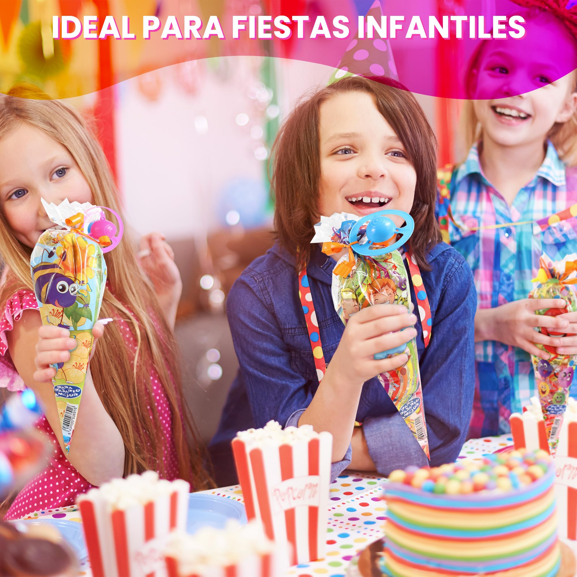 20 Conos Chuches Cumpleaños SIN GLUTEN - Bolsas Chuches Cumpleaños Rellenas - Cucuruchos Chucherías preparados para fiestas Infantiles - Cucuruchos rellenos de golosinas listos para regalar