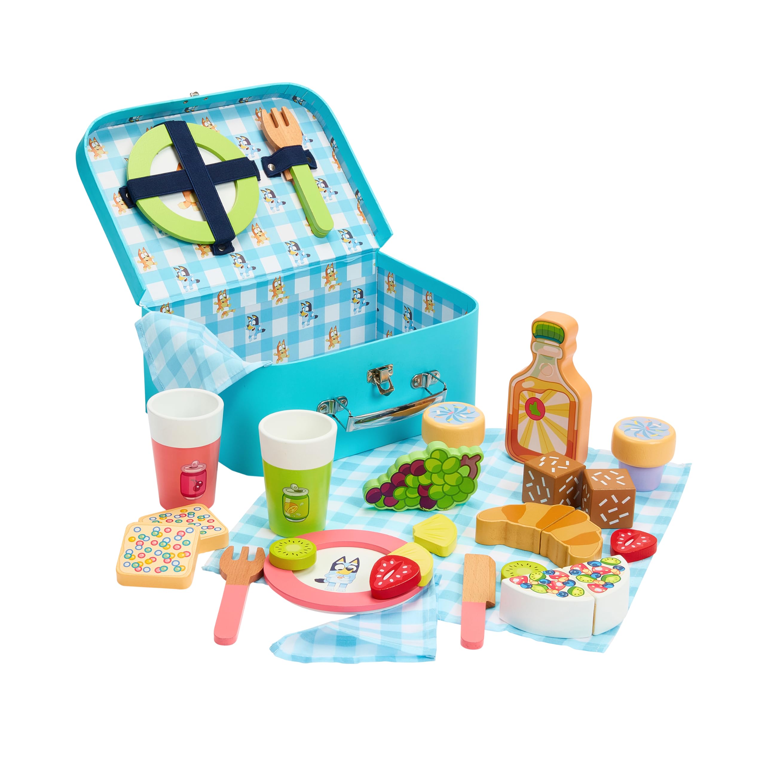 Bluey – Picnic Basket Set – 30 Piece Wooden Roleplay Toy with Carry Case, Cutlery & Pretend Food Accessories for Kids – FSC-Certified Material – Fun Imaginative Kit for 3 Years and Up