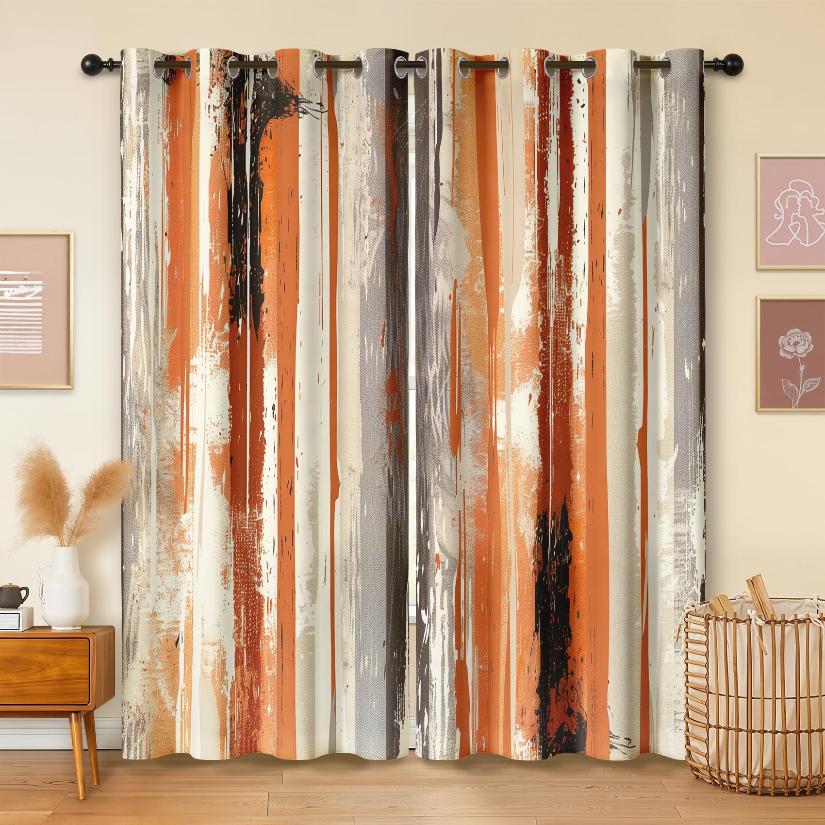 Havenix Boho Orange and Cream Blackout Curtains for Bedroom Living Room, Earth Tone Retro Stripe Patterned Curtains 46x90, Thermal Insulated Eyelet Drapes for Windows, 2 Panels
