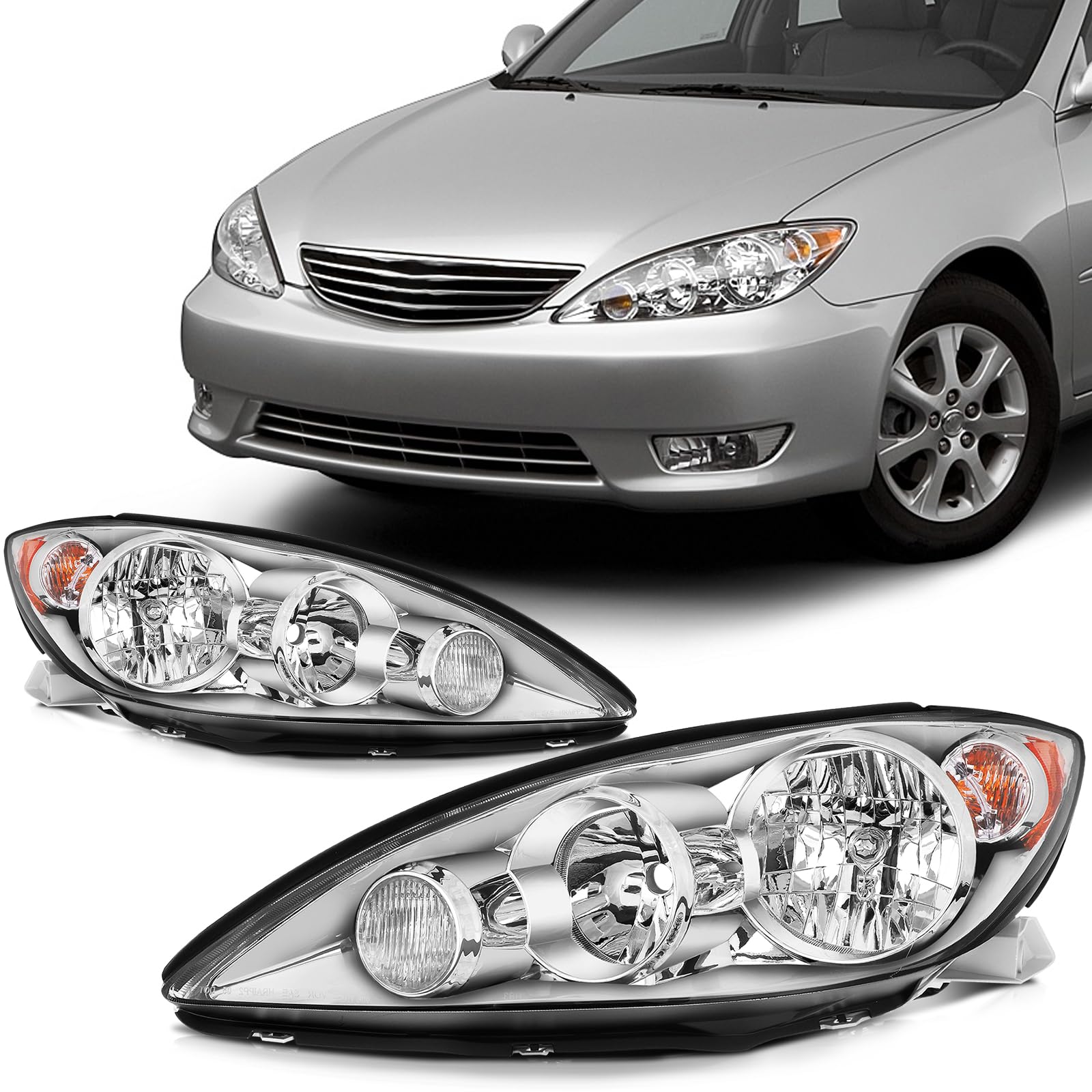 SCITOO Headlights for 2005 2006 for Toyota Camry Pair Headlight Assembly Chrome Housing Amber Reflector TO2502155