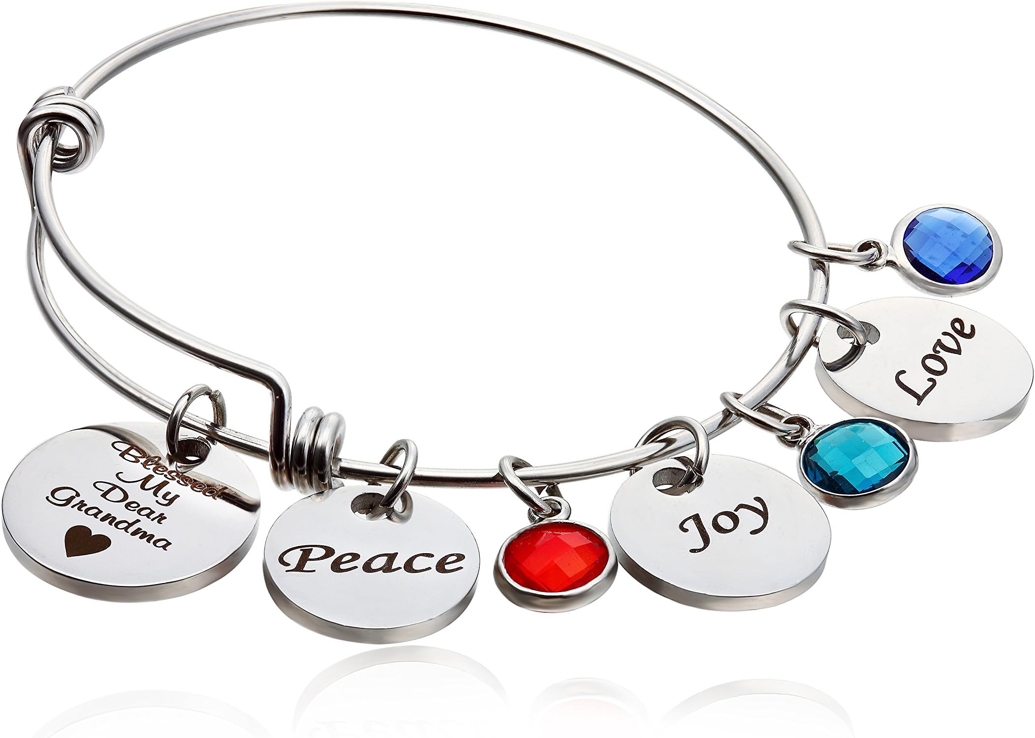 NBE Collection Bangle Bracelets for Women Grandma Birthday Gifts Womens Birthday Gifts - Blessed My Dear Grandma Peace, Joy and Love Birthstone Charms