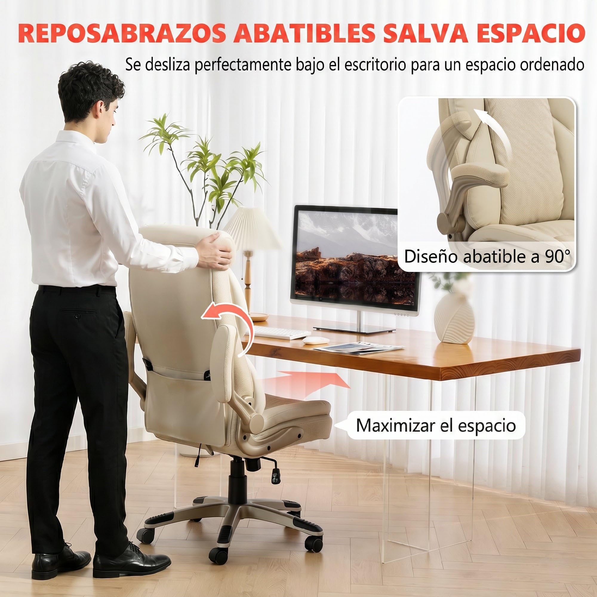 HOMCOM Silla de Oficina con Masaje Vibratorio de 4 Puntos Giratoria Crema | Silla de Escritorio, Calor Lumbar, de PU, Brazos Abatibles, Respaldo Alto, Altura Ajustable, Función de Basculante