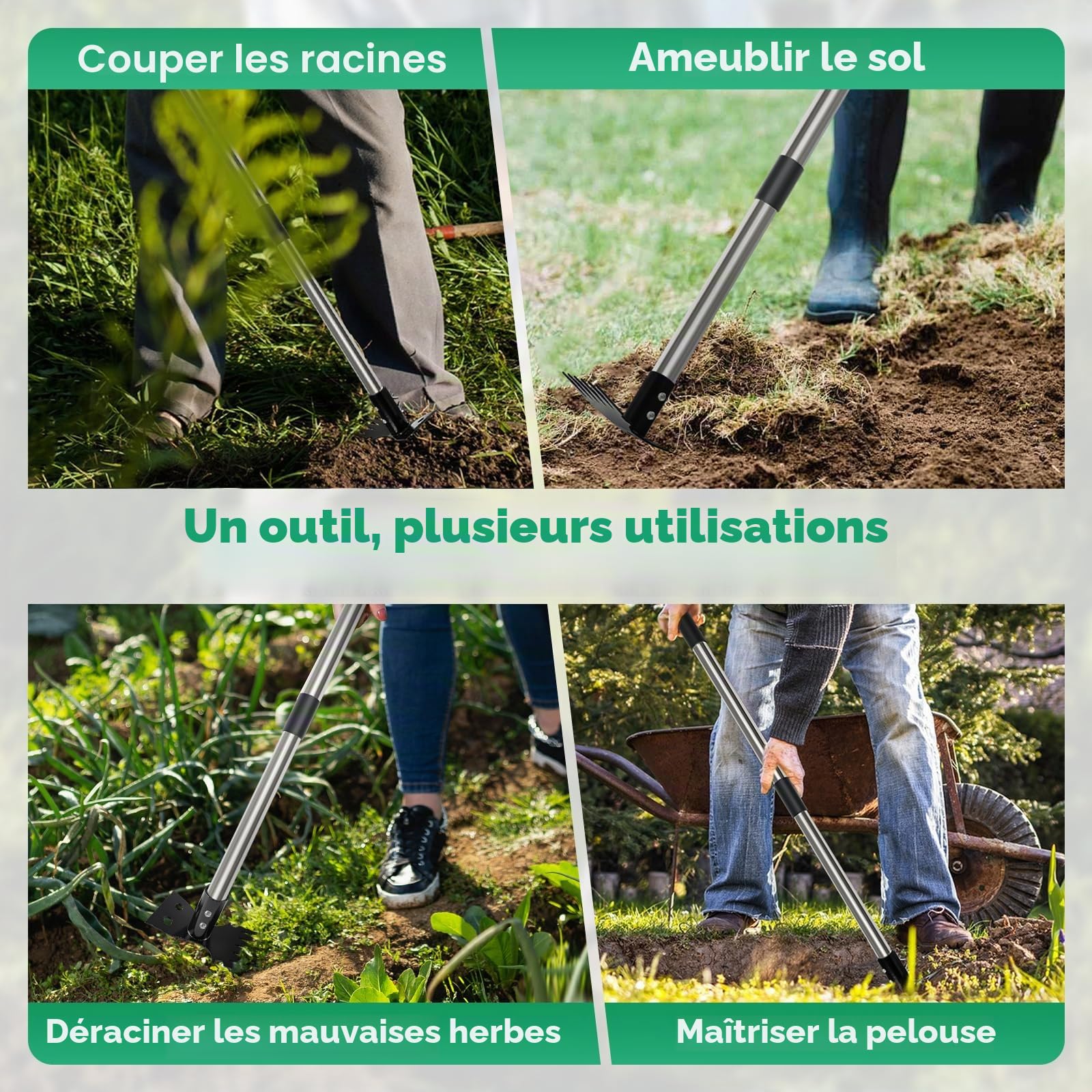 Outil d'arrache-mauvaises herbes avec long manche, râteau manuel 2 en 1 et binette de jardin de 150 cm, 4 sections détachables et robustes avec gants pour terrasse, jardin, cour, pelouse