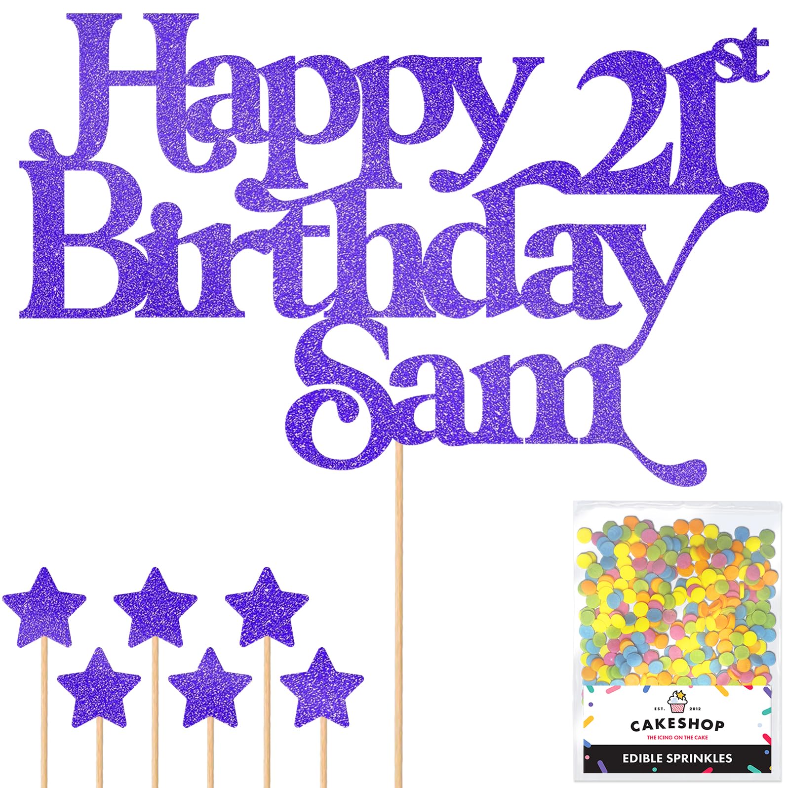 Personalised Happy Birthday Glitter Cake Topper - Bright Blue Any Name & Any Age Glitter Cake Decoration and Sprinkles - Happy Birthday Decorations - Personalised Toppers for Cakes by Cakeshop