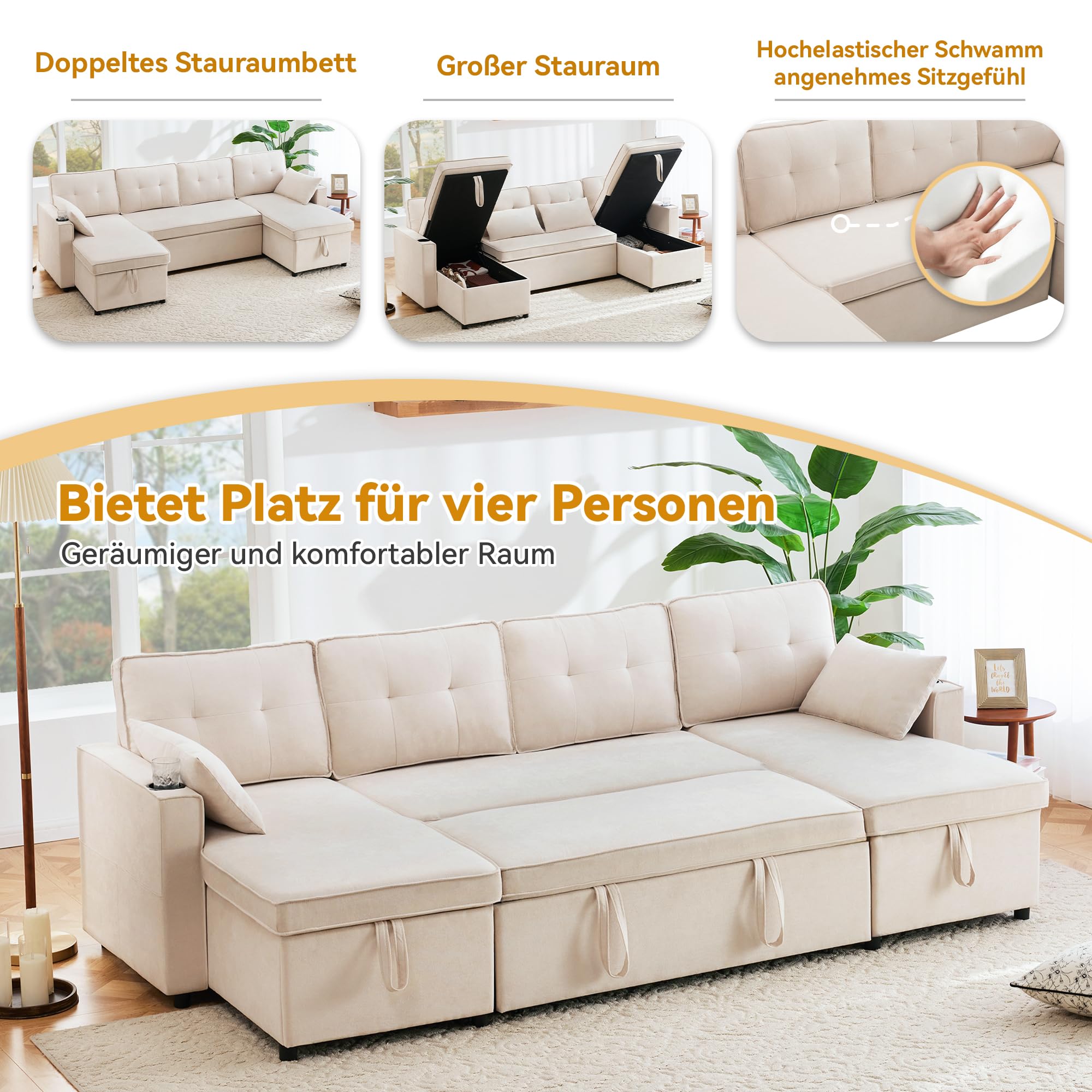 Bladez Divano letto a forma di L con portabevande intercambiabile Chaise Longue moderno soggiorno divano in lino di cotone (beige, 4 posti)