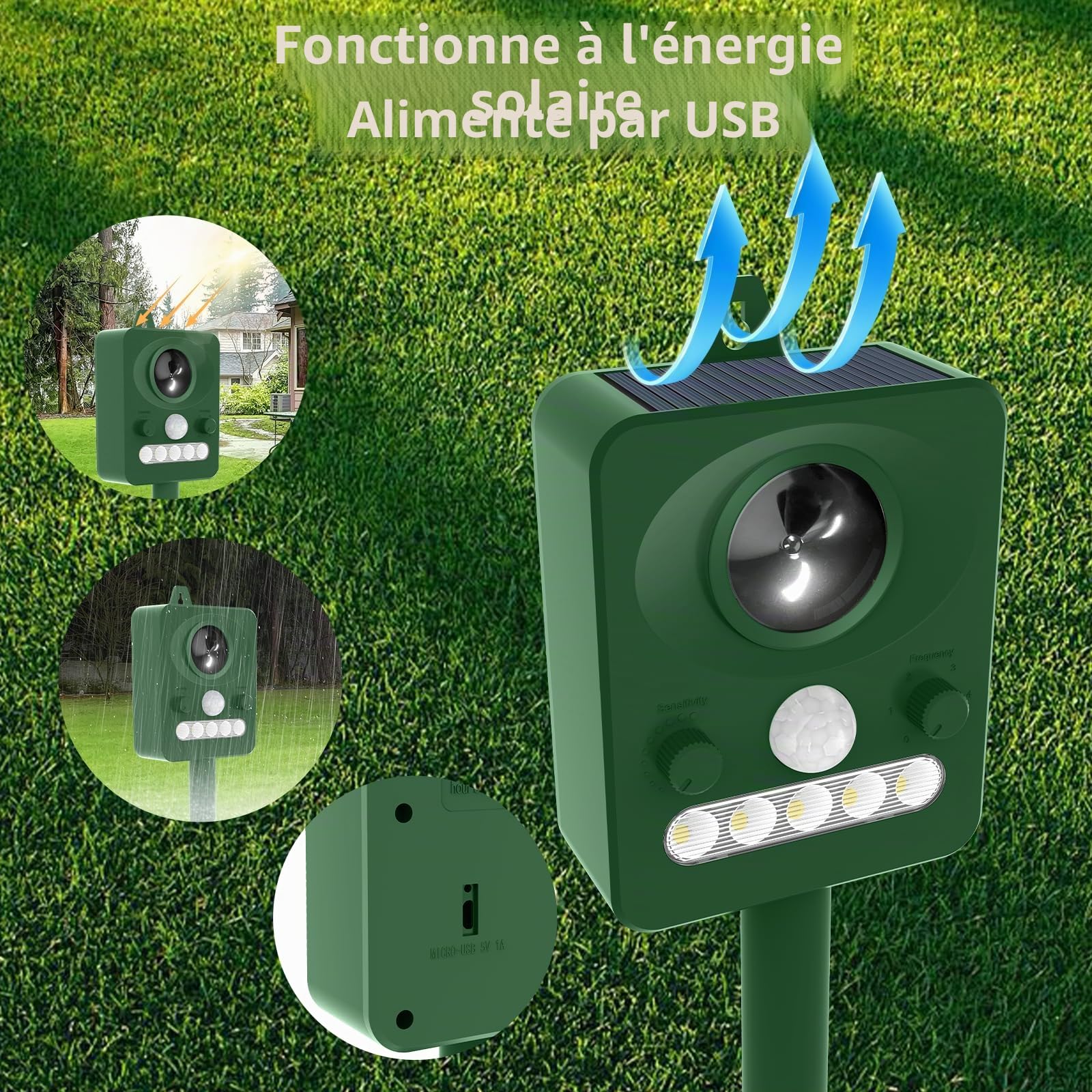 Répulsif Chat Ultrason, Extérieur Puissant et Étanche avec Capteur de Mouvement 15m, Recharge Solaire/USB, Repulsif Chien et Animaux,Anti Pigeons pour Balcon