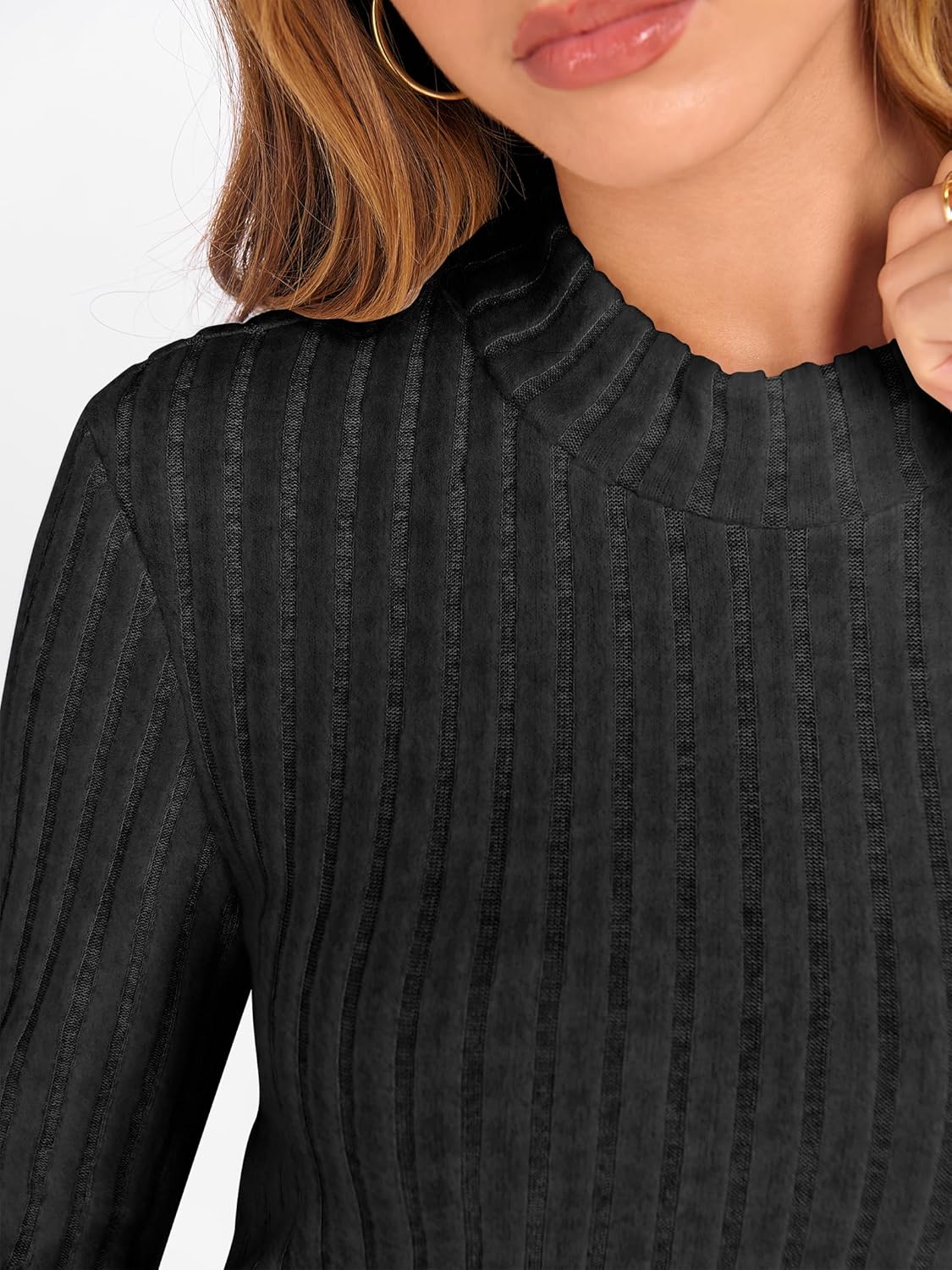 ANRABESS Women's Long Sleeve Tops Mock Neck Ribbed Knit Slim Fit Pleated Basic T Shirts Lightweight Sweater Going Out Clothes - Image 6