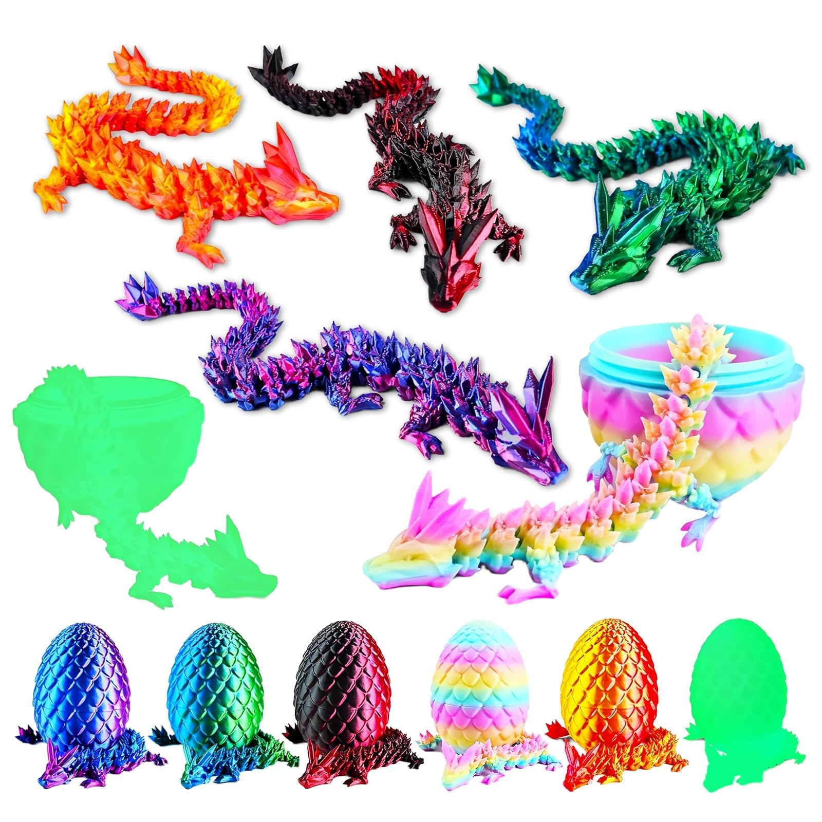 6Pack Dragon Eggs with Dragon Inside - 3D Printed Dragon in Egg Set Fidget Animals Toy - Easter Basket Fillers - Mythical Pieces Articulated Mobility Decor for Home Office & Easter Gifts ( Multicolor)