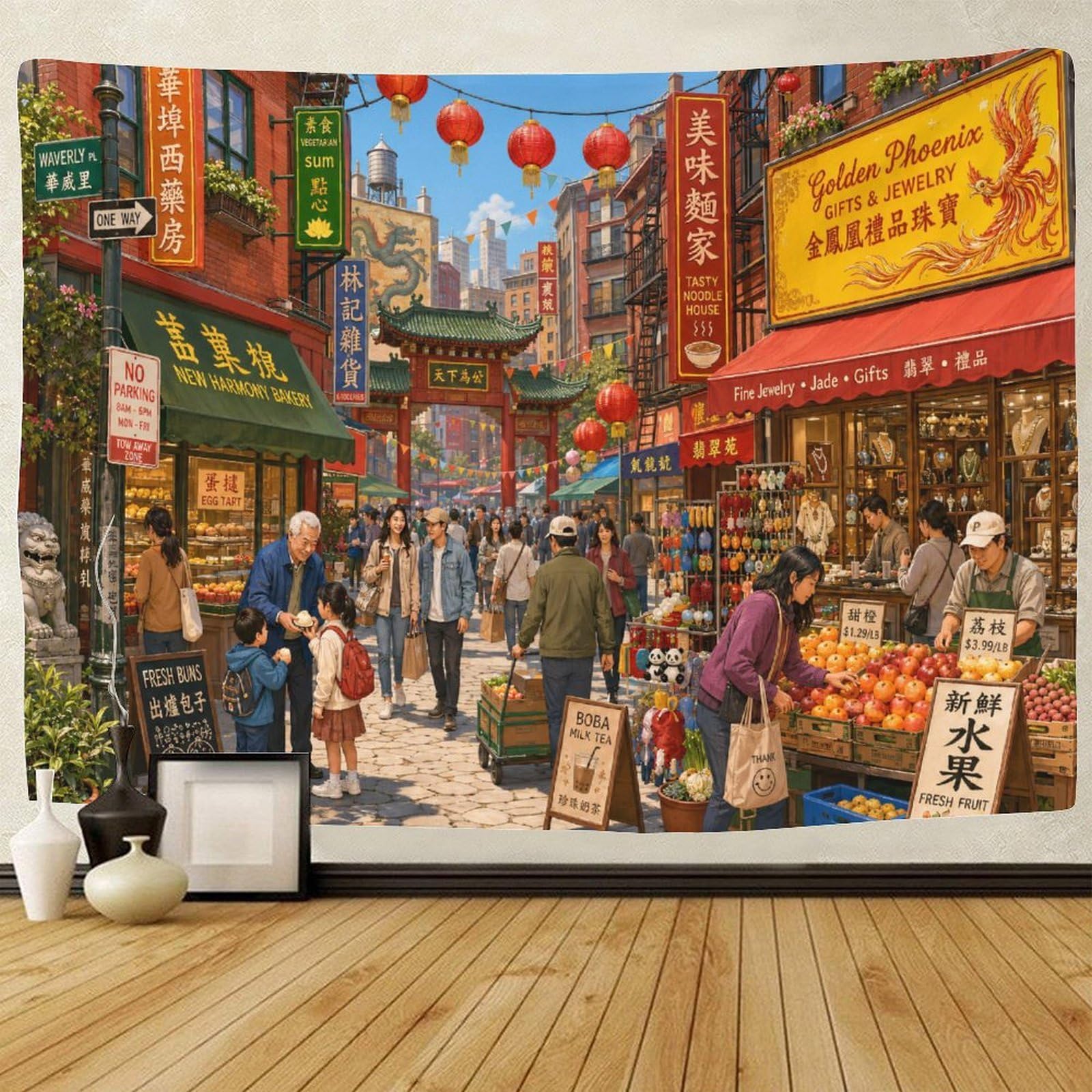 GPMNBCXZK Vintage Chinatown Street 3D Print Tapestry for Bedroom Wall Hanging Decor Tapestries Poster Home Decoration Living Room Dorm 180cmx230cm