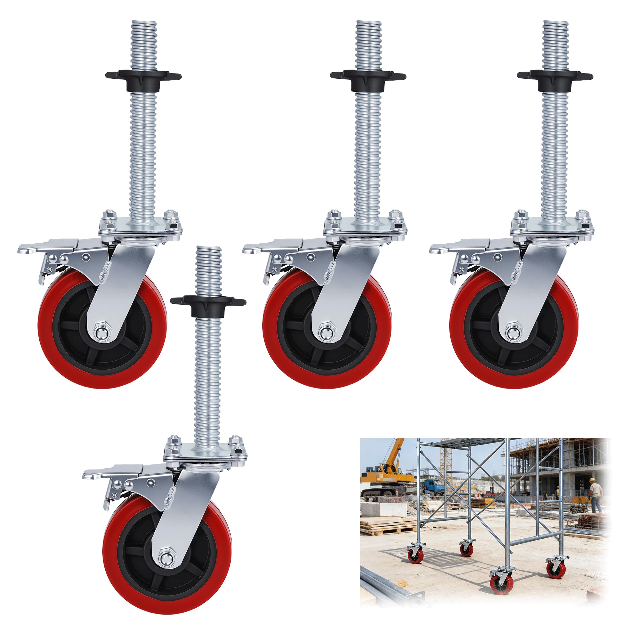 ohbien 4pcs Scaffolding Wheels with Locking Brake, 6 inch Scaffold Tower Swivel Castor Casters, Adjustable Legs Heavy Duty Locking Rubber Wheel for Scaffolding Shelves Workbench Replacement Wheels