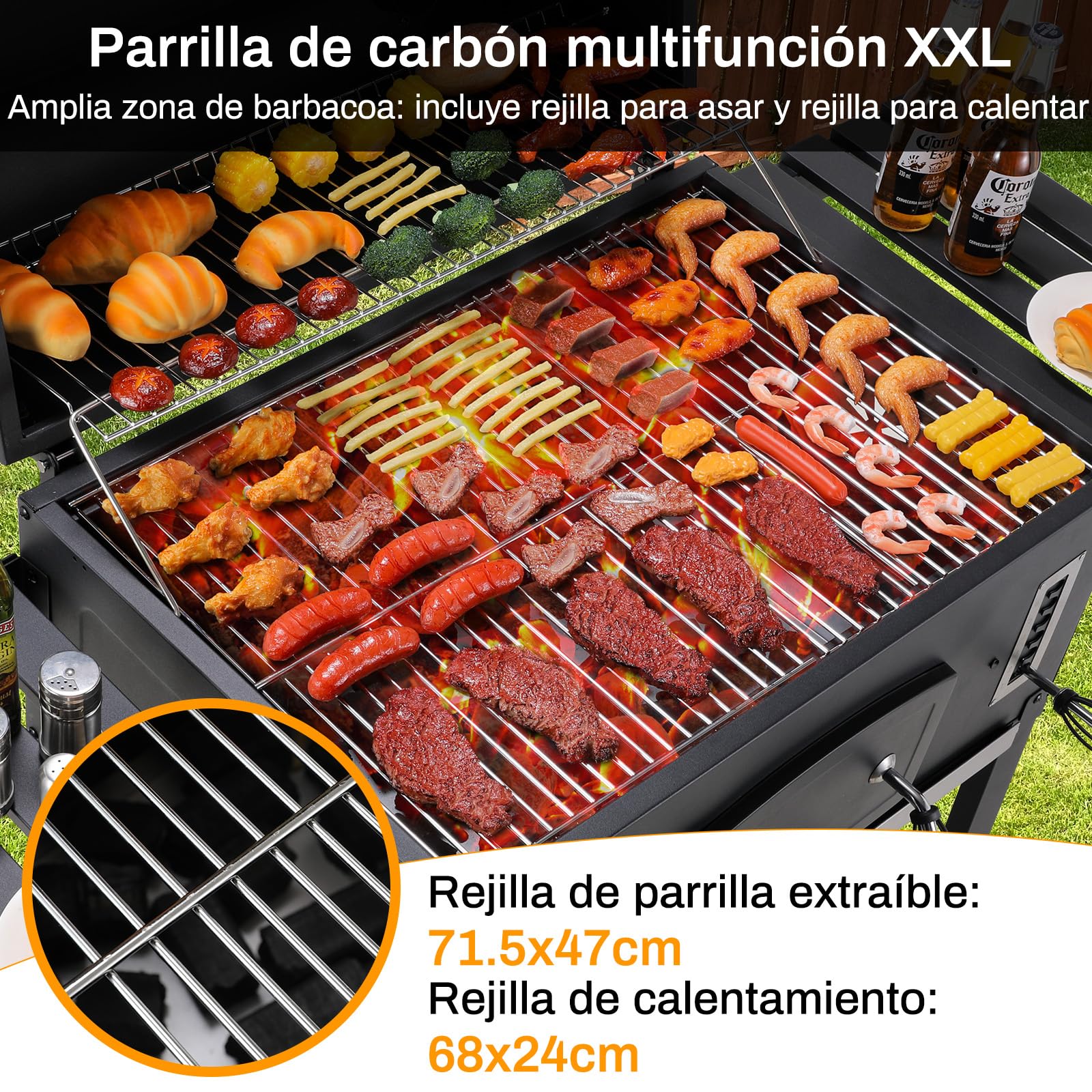 LIFERUN Barbacoa de Carbon XXL, Parrilla de Carbón con Chimenea y Tapa, Parrilla con Carrito BBQ Smoker con Ruedas y Termómetro, Grande BBQ Carbon para Camping y Jardín