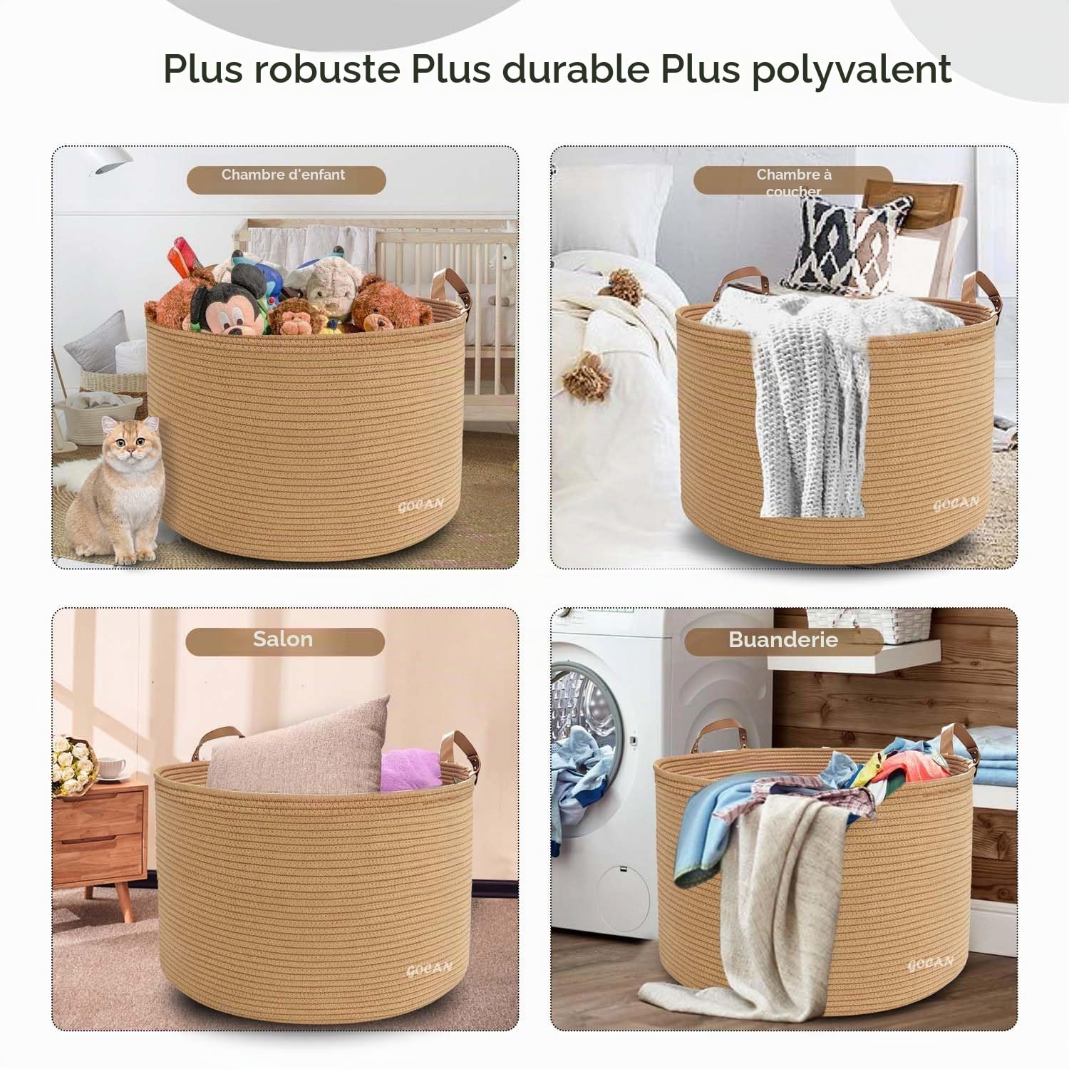 GOCAN Panier à linge extra large, 55,9 x 55,9 x 35,6 cm, en corde de coton, avec poignées, pour couvertures, jouets, salon, XXXL (pure jute)