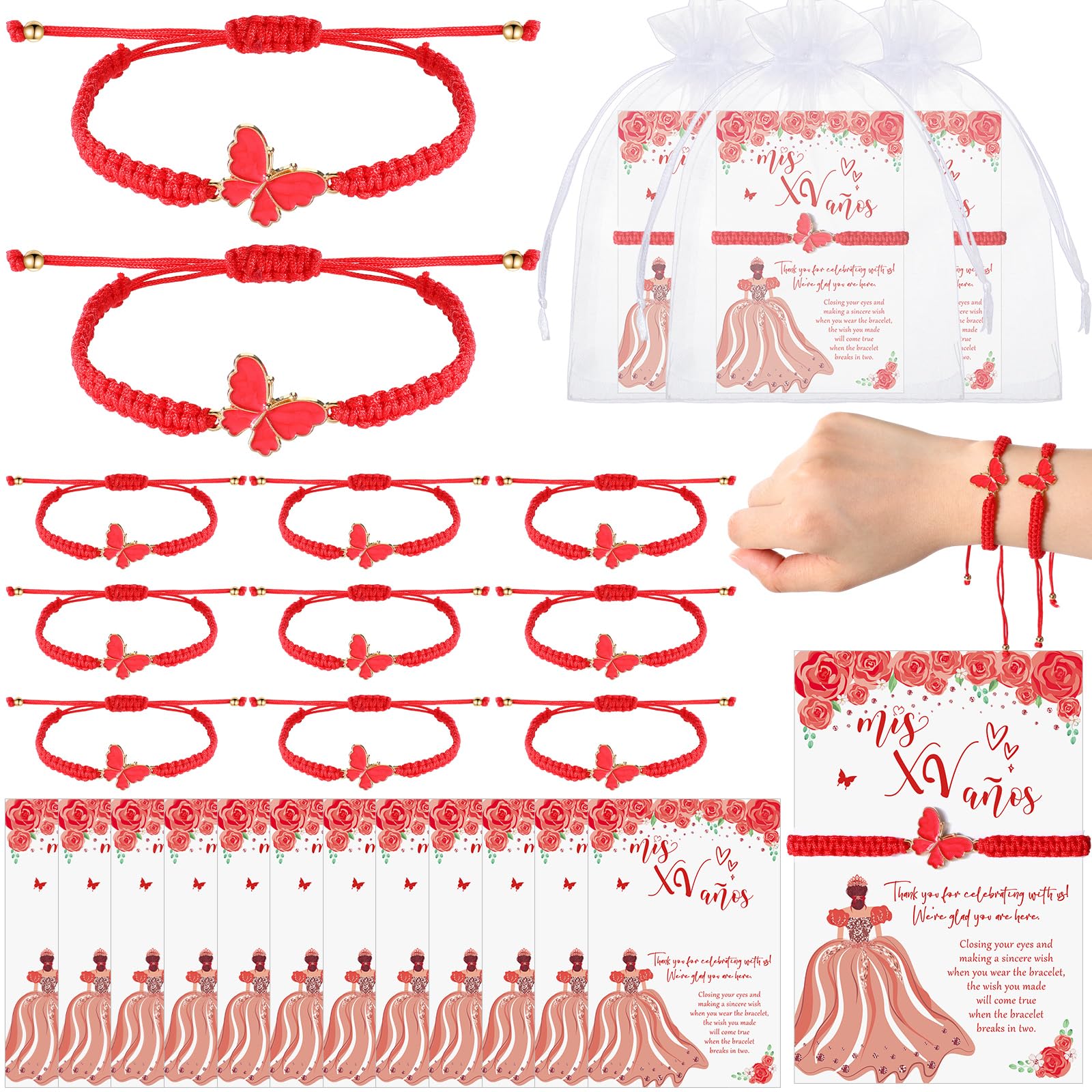 Wenqik 25 Sets Quinceanera Party Favors for Guests Butterfly Adjustable Bracelet Thank You Tag Organza Bag Sweet 15 Years Quinceanera Gifts for Birthday Party Supplies