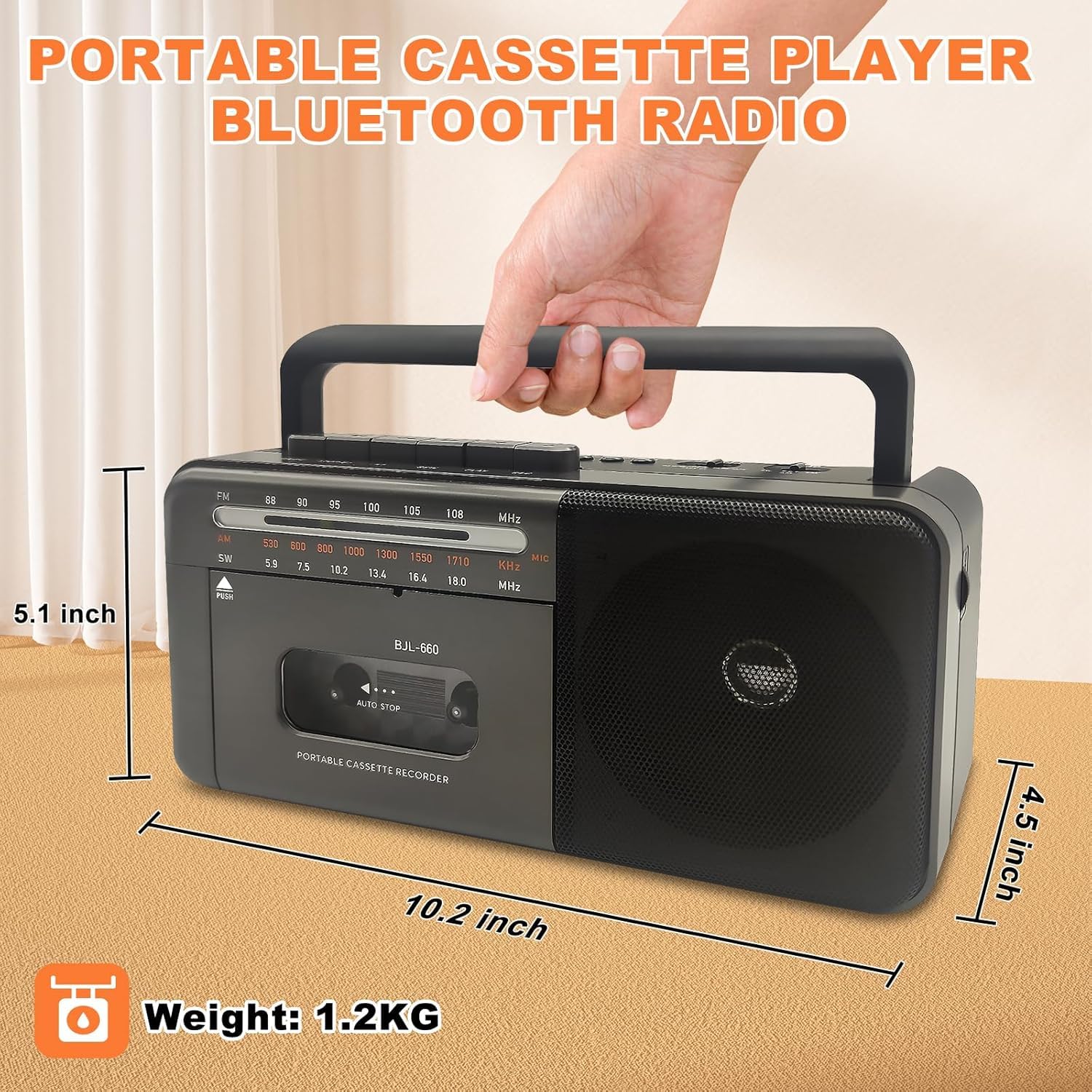 Boombox - Lettore di cassette Bluetooth registratore a nastro Am/FM/SW Radio Stereo Tape Player/Registratore con grande altoparlante e connettore per cuffie, USB/TF/MP3 Tape Player AC