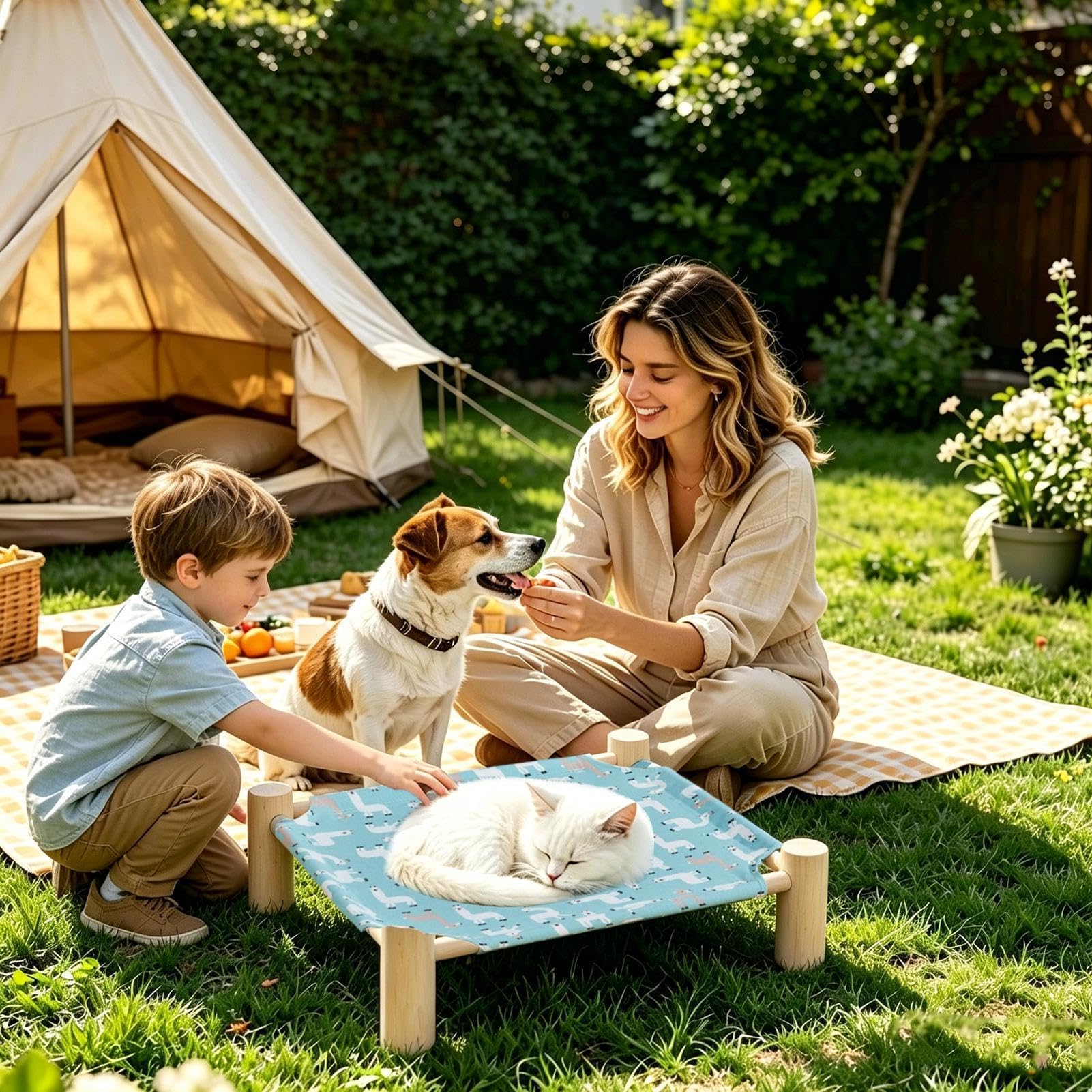 Cama de camping elevada para mascotas - Marco de madera de 53 cm, tejido hamaca extraíble y lavable, cama de dormir refrescante y transpirable, estación de descanso interior y exterior para