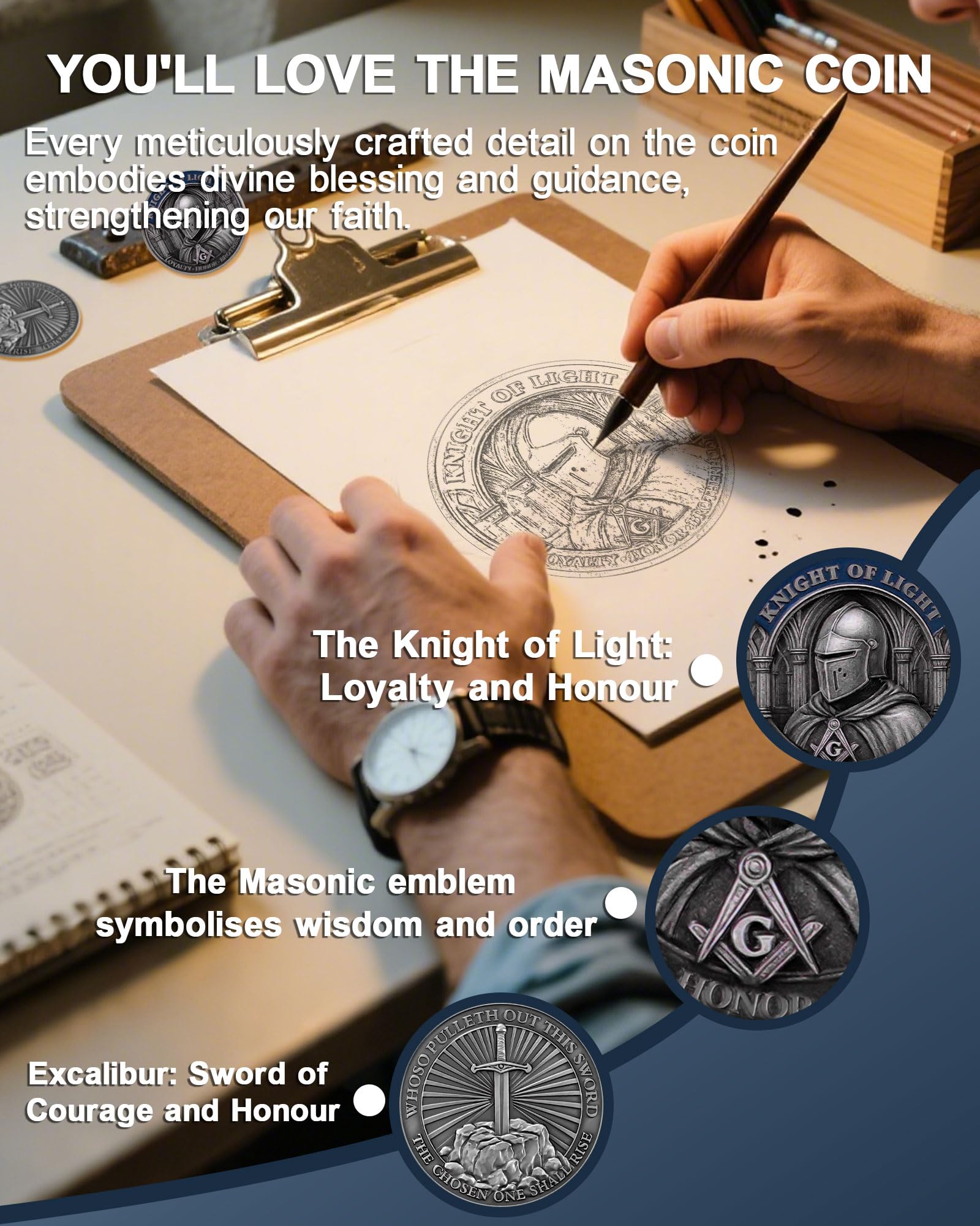 Knight Templar Challenge Coin, Masonic Knight - Excalibur - Image 3