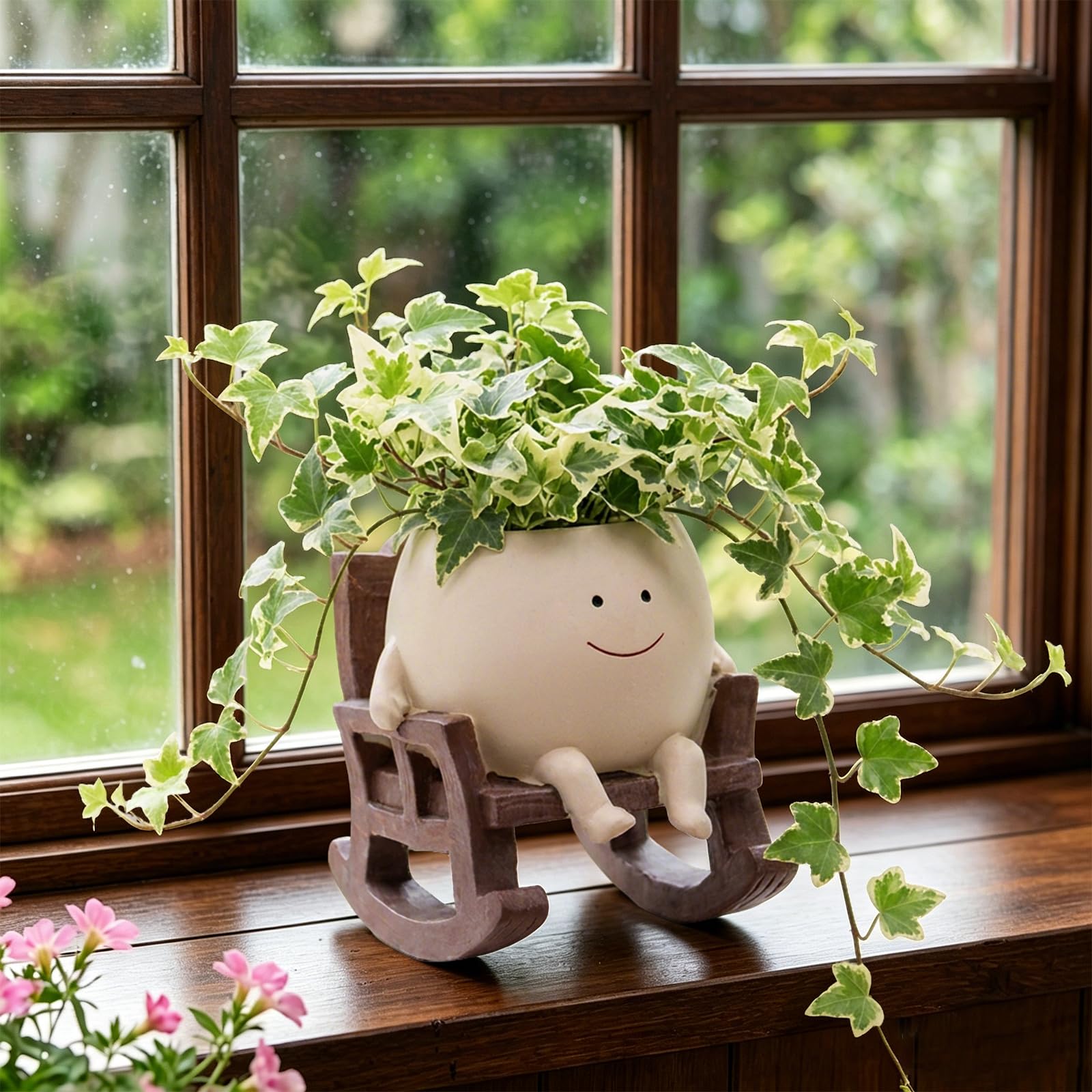 Maceta de cara sonriente para plantas de interior y exterior, macetas únicas para suculentas con agujero de drenaje, bonitas macetas de resina con cabeza de flor, divertido regalo de