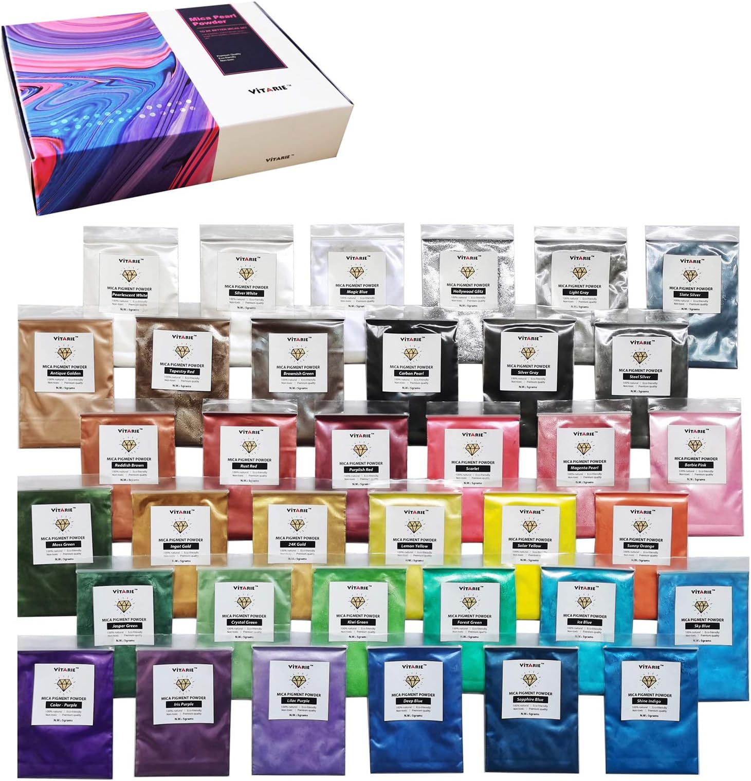 Mica Powder Pigment (36 Colors 5g/0.17oz Each) for Epoxy Resin Kit Set Soap Making Bath Bomb dye Paint Nail Polish Makeup Candle Making Metallic Resin Color Pigment