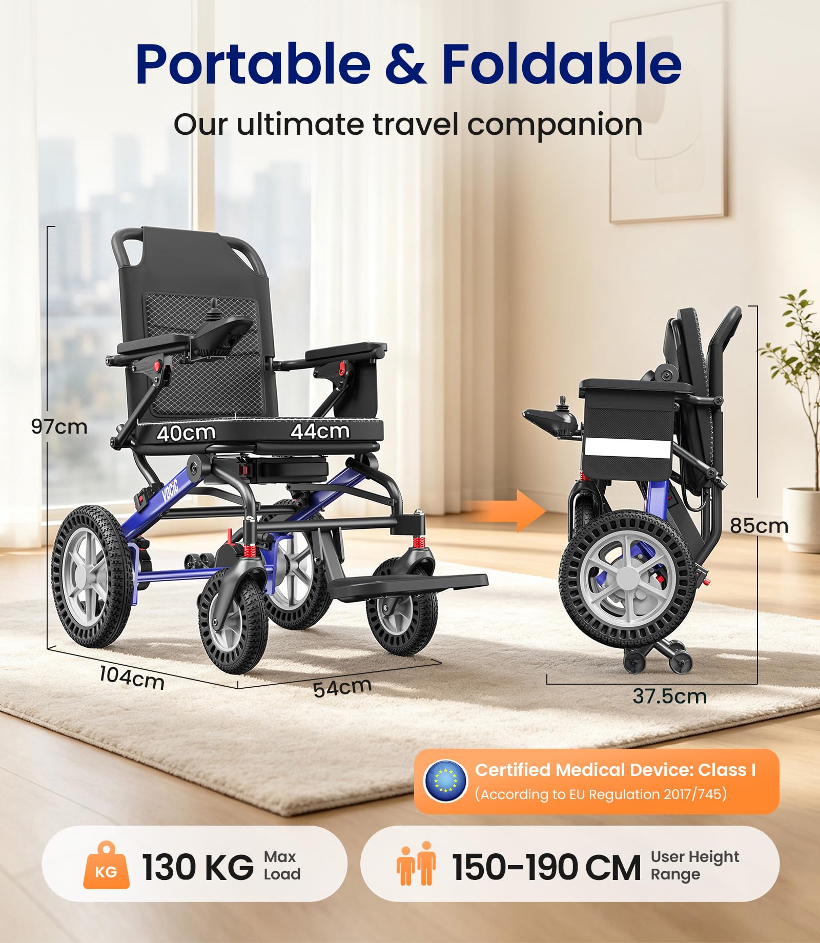 VOCIC V21 Silla de ruedas eléctrica plegable ligera para personas mayores