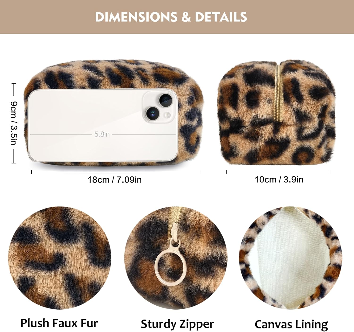 STARDW Leopard Print Makeup Bag - Plush Faux Fur Travel Cosmetic Pouch with Zipper - Image 3