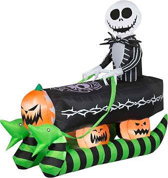 Gemmy Airblown Inflatable Jack Skellington in Coffin Sleigh, 5 ft Tall, Black