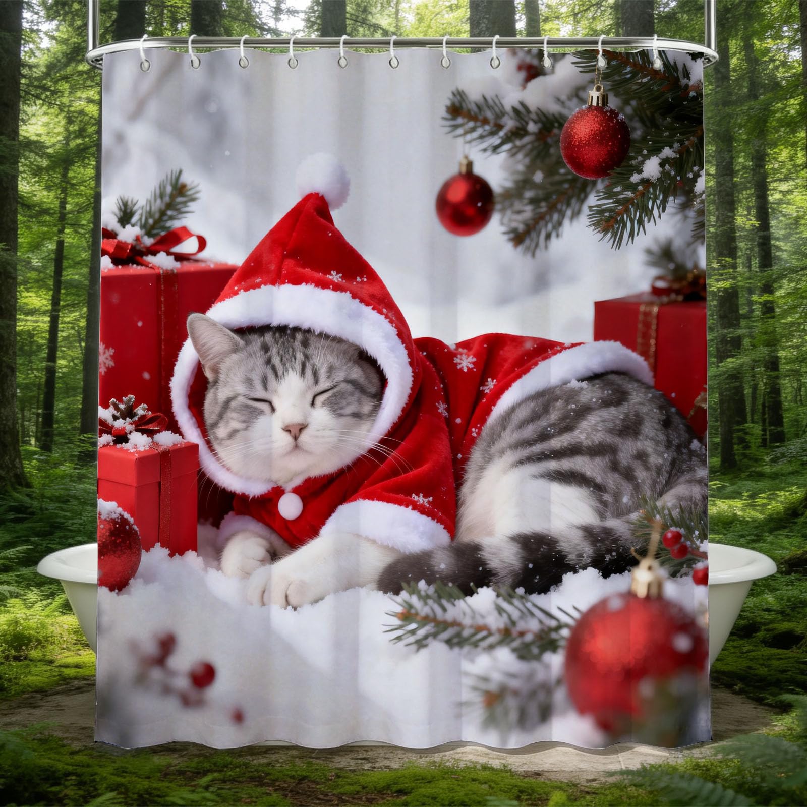 Hongduo 3D Christmas Cat Shower Curtain for Stalls Bathtubs Xmas Bathroom Decor Shower Curtain Set Polyester Fabric Waterproof 200x200cm/79X79 Inch with Hooks