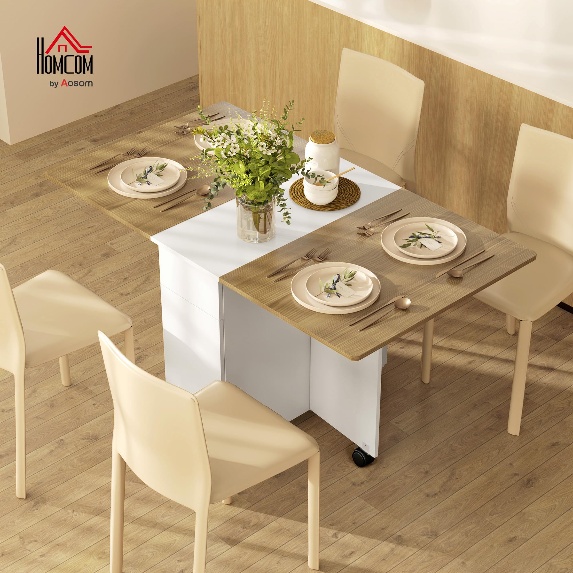 HOMCOM Mesa comedor plegable con ruedas 140x76x74cm,Blanco&madera natural | Mesa de cocina, para 6 personas, 2 hojas abatibles, 2 cajones, 2 armarios, para espacios pequeños.