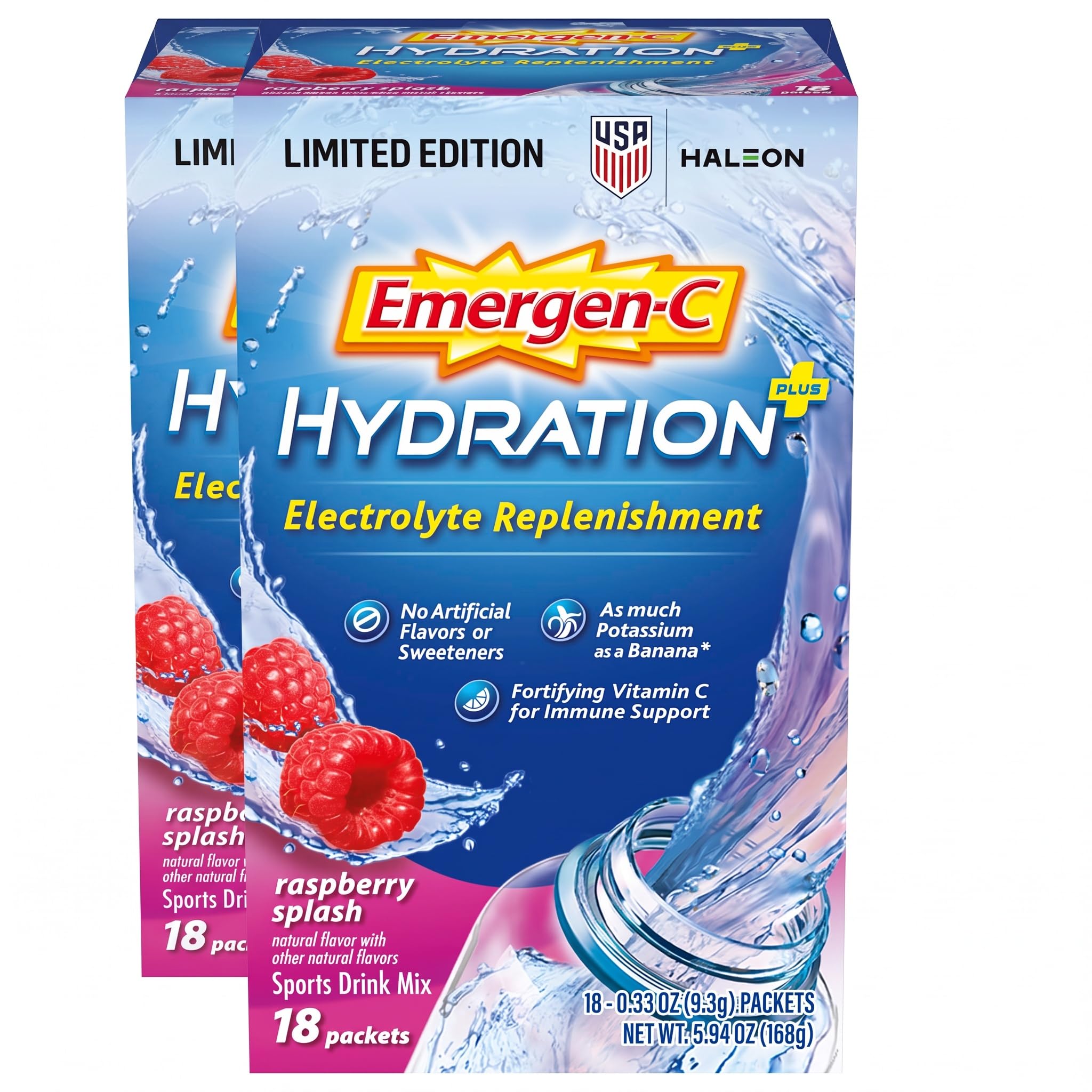 Emergen-C Hydration+ Sports Electrolyte Replacement Sports Drink Mix Powder with Vitamin C, Raspberry Splash Flavor, Back to School Essentials - 18-0.33 oz On T