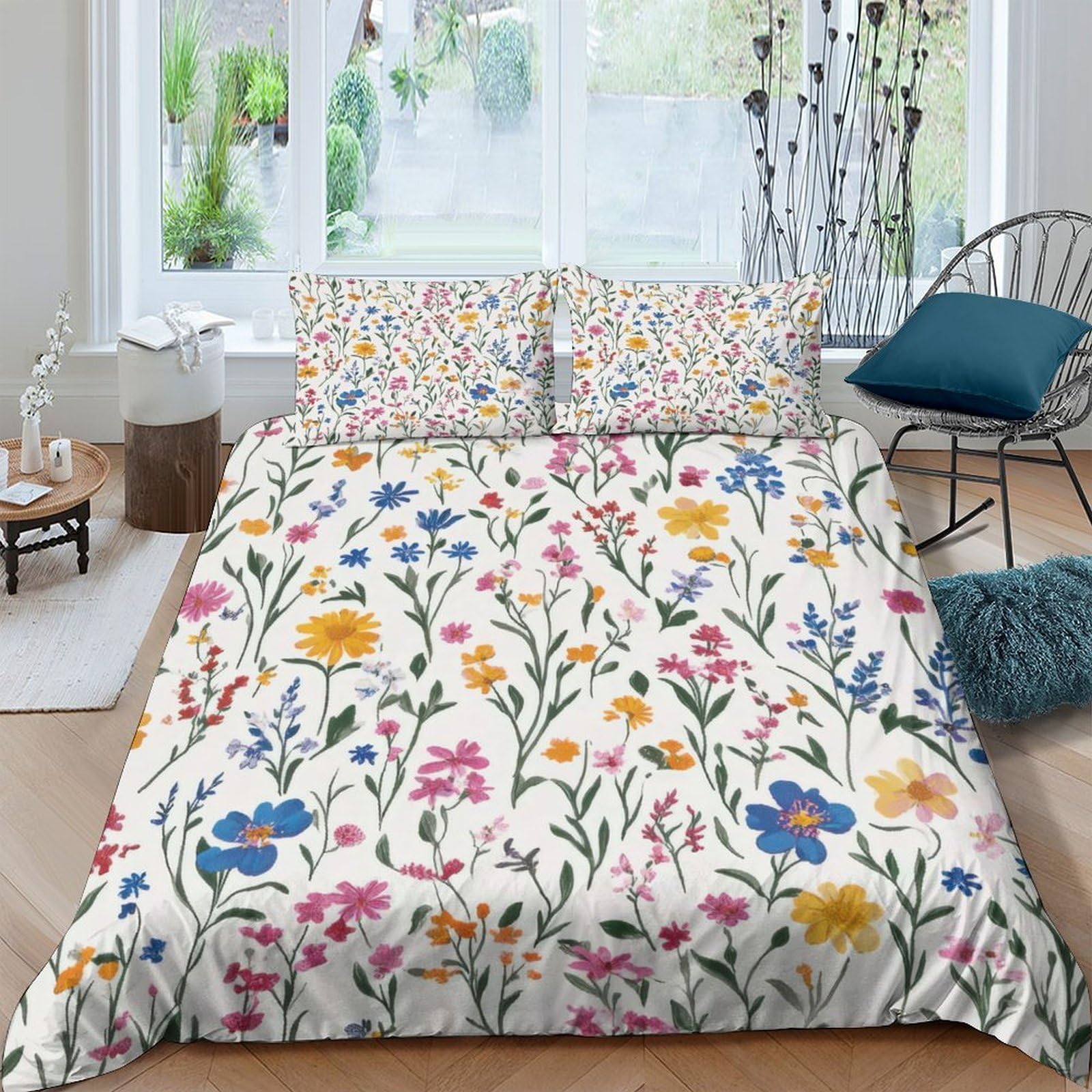TUFRTGYHN 3D Printed Wildflower Duvet Cover Microfiber Soft Breathable Meadow Floral Bedding Set with 2 Pillowcases for Bedroom Decor Single（135x200cm）