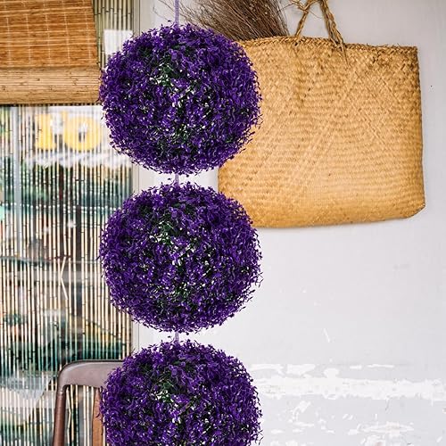 Miniatura 9 de EXCEART Bola topiaria de hoja de eucalipto artificial, planta de plástico púrpura de 13.77 pulgadas para decoración de interiores y exteriores,