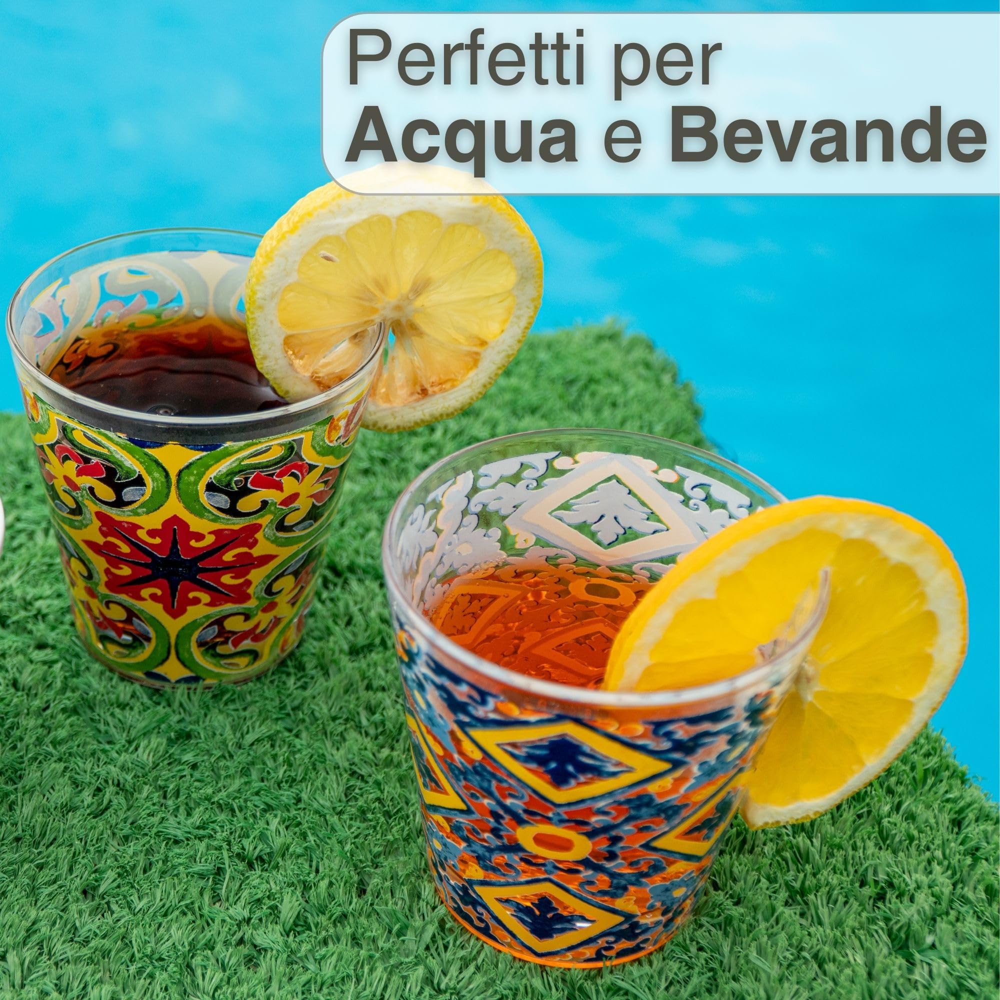 NAMAI - Set 6 Bicchieri Colorati Vetro, 270 ML, Design Unico, Adatti alla Lavastoviglie e Microonde, Vetro Resistente, Colori Vivaci, Idea Regalo, Made In Italy