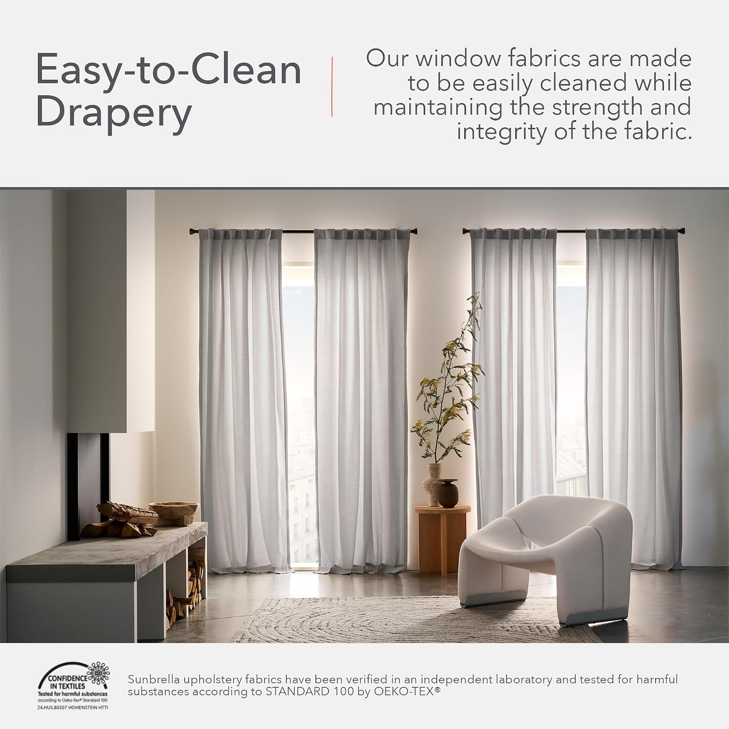 Sunbrella Durant Light Filtering Curtains | 50 in. W X 84 in. L | Grey | Fade Proof Drapes with UV Protection | Versatile Hanging Options for Home Decor | Single Curtain Panel