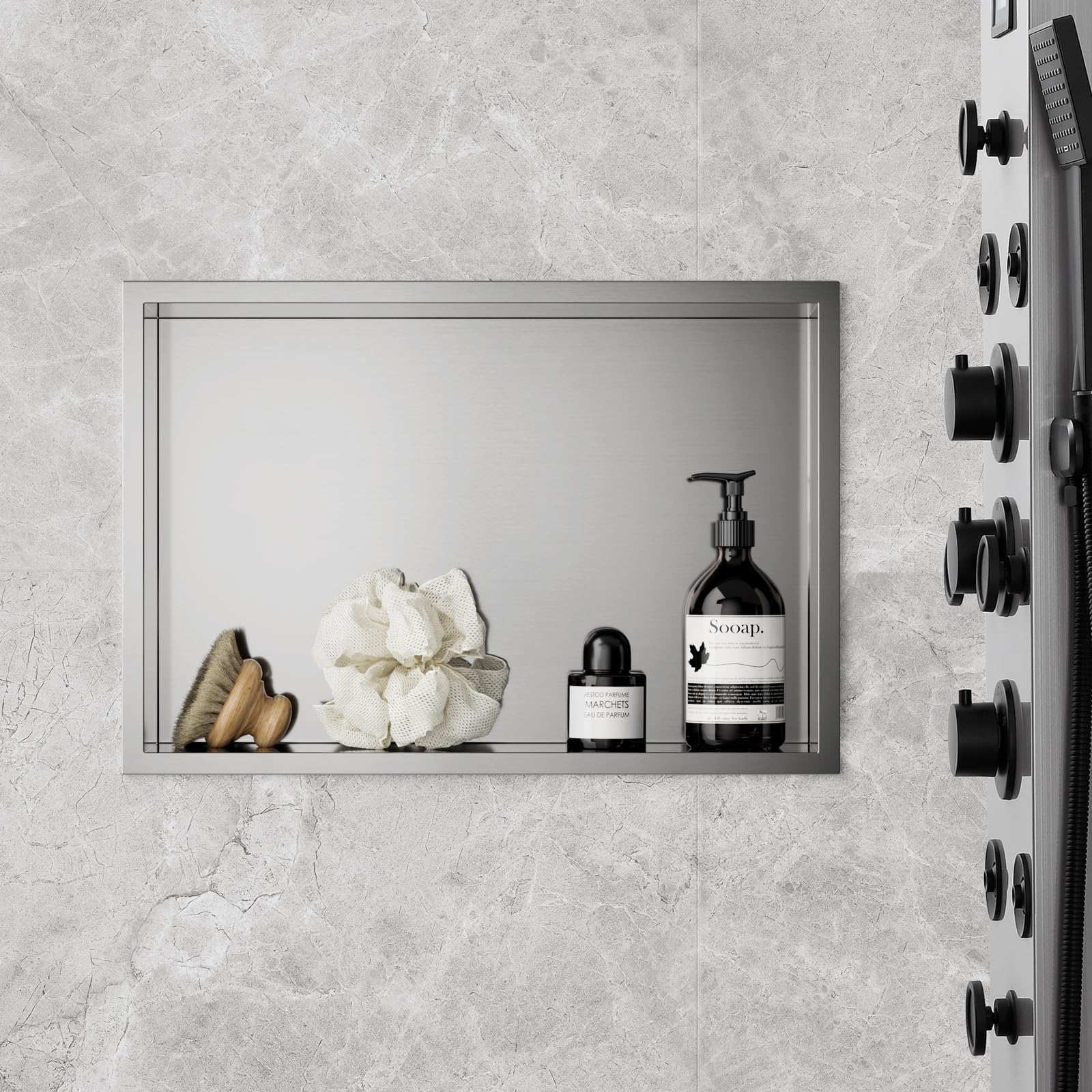 KEOKBON No Tile Shower Niche 45x30cm, Stainless Steel Single Shelf Shower Organiser, Sealed Waterproof Rust-Resistant Wall Niche Recessed for Bathroom Essentials Shower Storage， Nano Silver